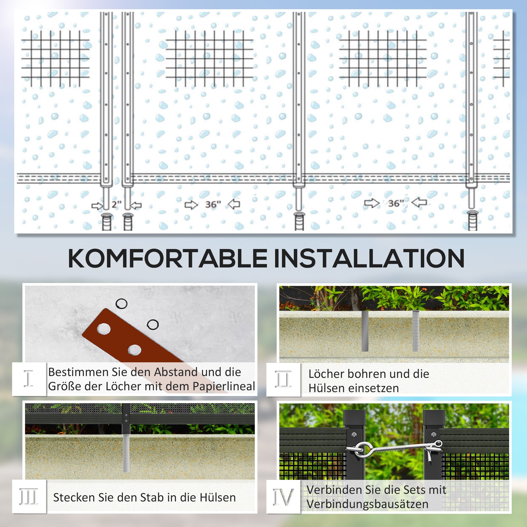 Pond Fence, 365 x 126 cm Garden Fence, Set of 4 Decorative Pool Fences with Foot Stepping Fence for Terrace, Balcony, Mesh, Black