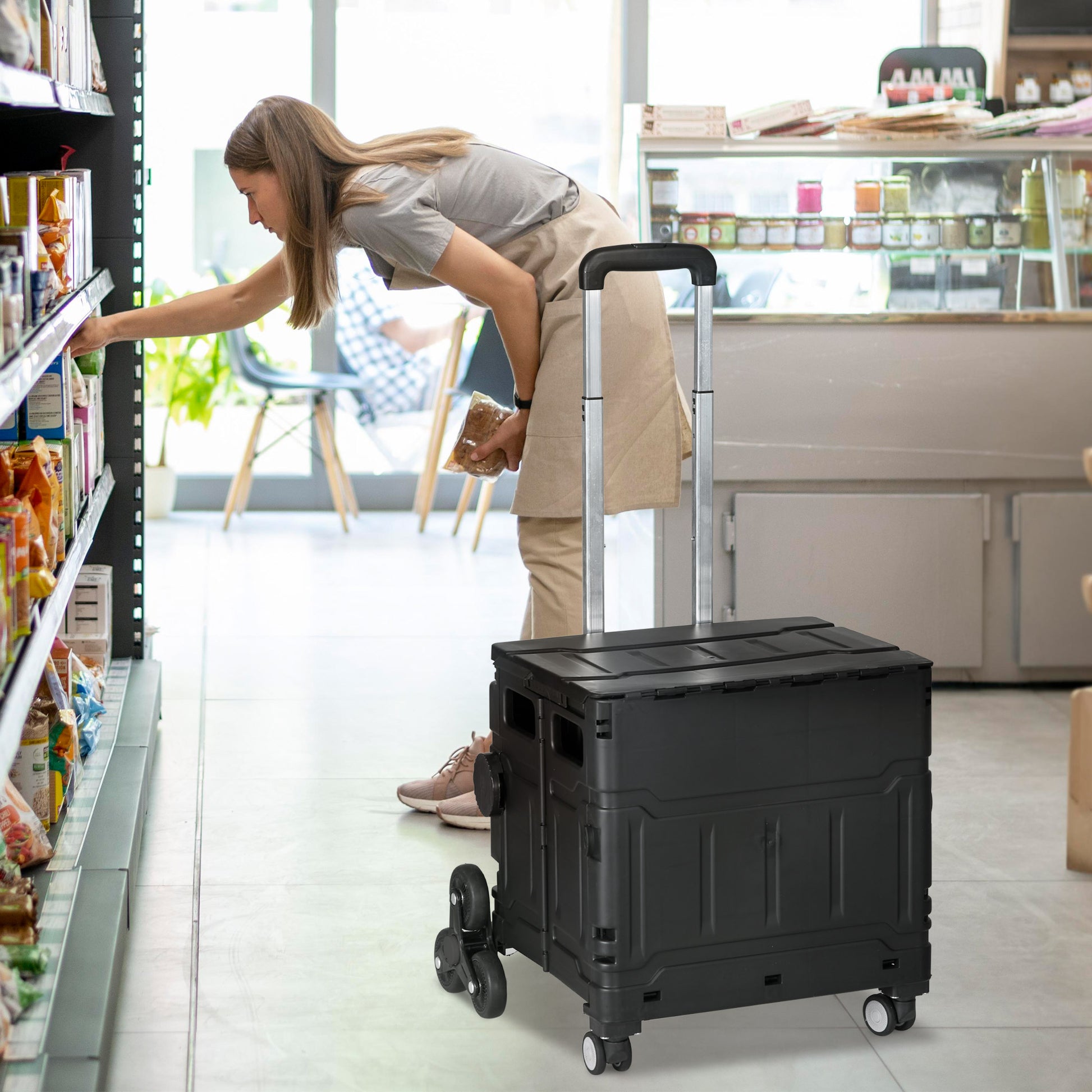 Folding Shopping Cart Supermarket Cart with 2 Wheels Adjustable Handle Length 35 Liters Capacity for Office School Home 48x43x95 cm Black