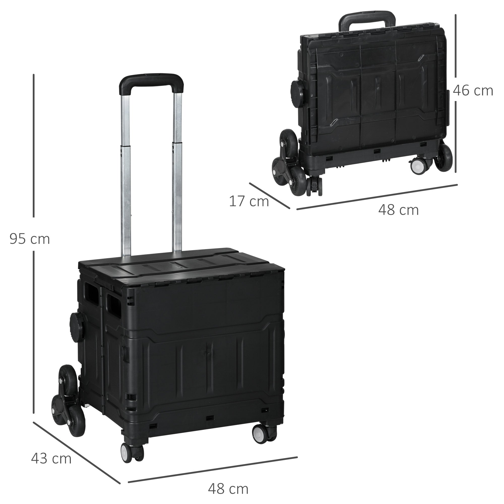 Folding Shopping Cart Supermarket Cart with 2 Wheels Adjustable Handle Length 35 Liters Capacity for Office School Home 48x43x95 cm Black