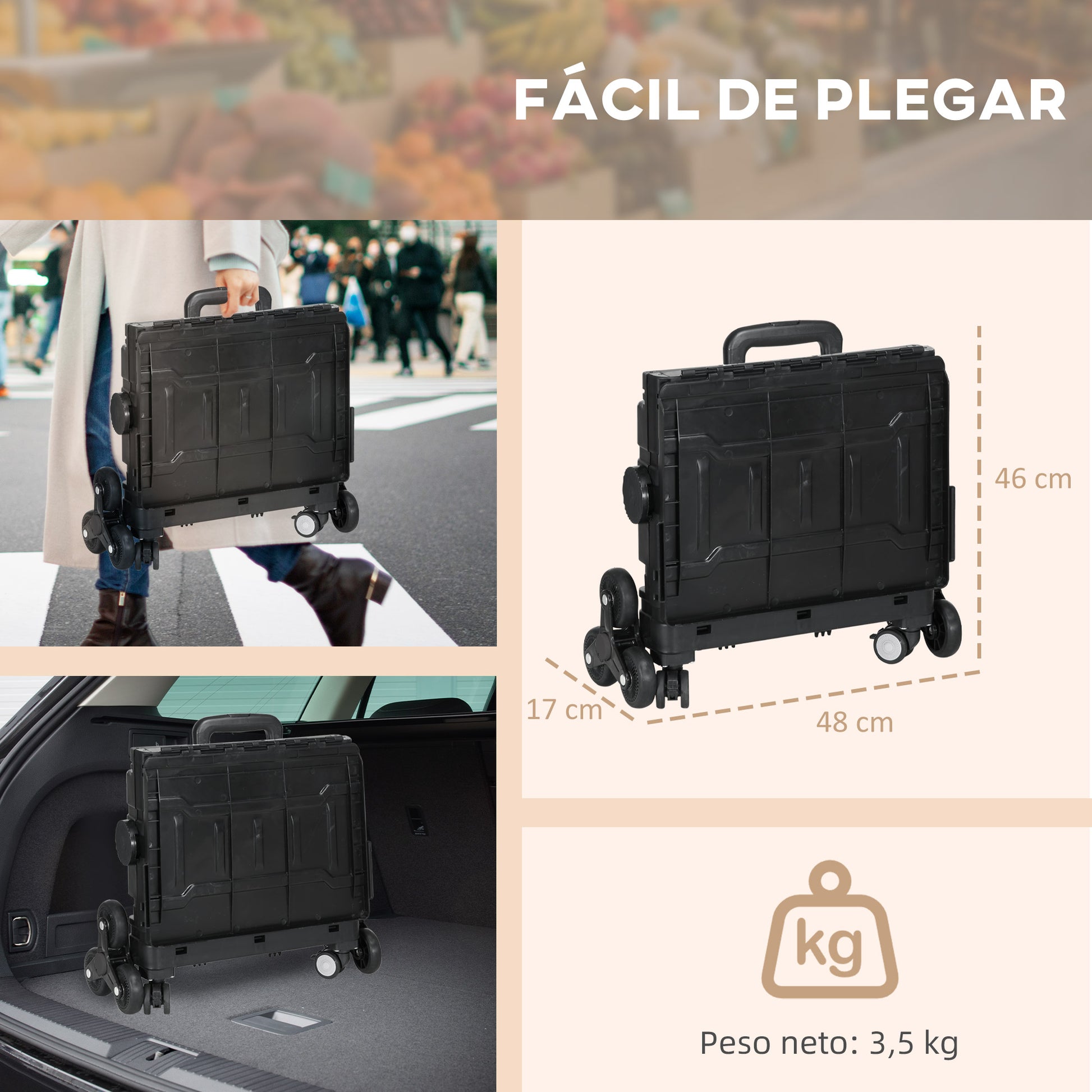 Folding Shopping Cart Supermarket Cart with 2 Wheels Adjustable Handle Length 35 Liters Capacity for Office School Home 48x43x95 cm Black