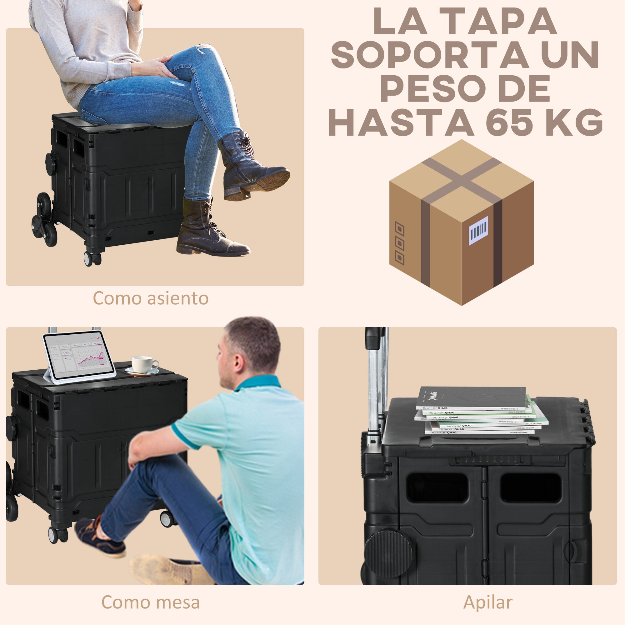 Folding Shopping Cart Supermarket Cart with 2 Wheels Adjustable Handle Length 35 Liters Capacity for Office School Home 48x43x95 cm Black