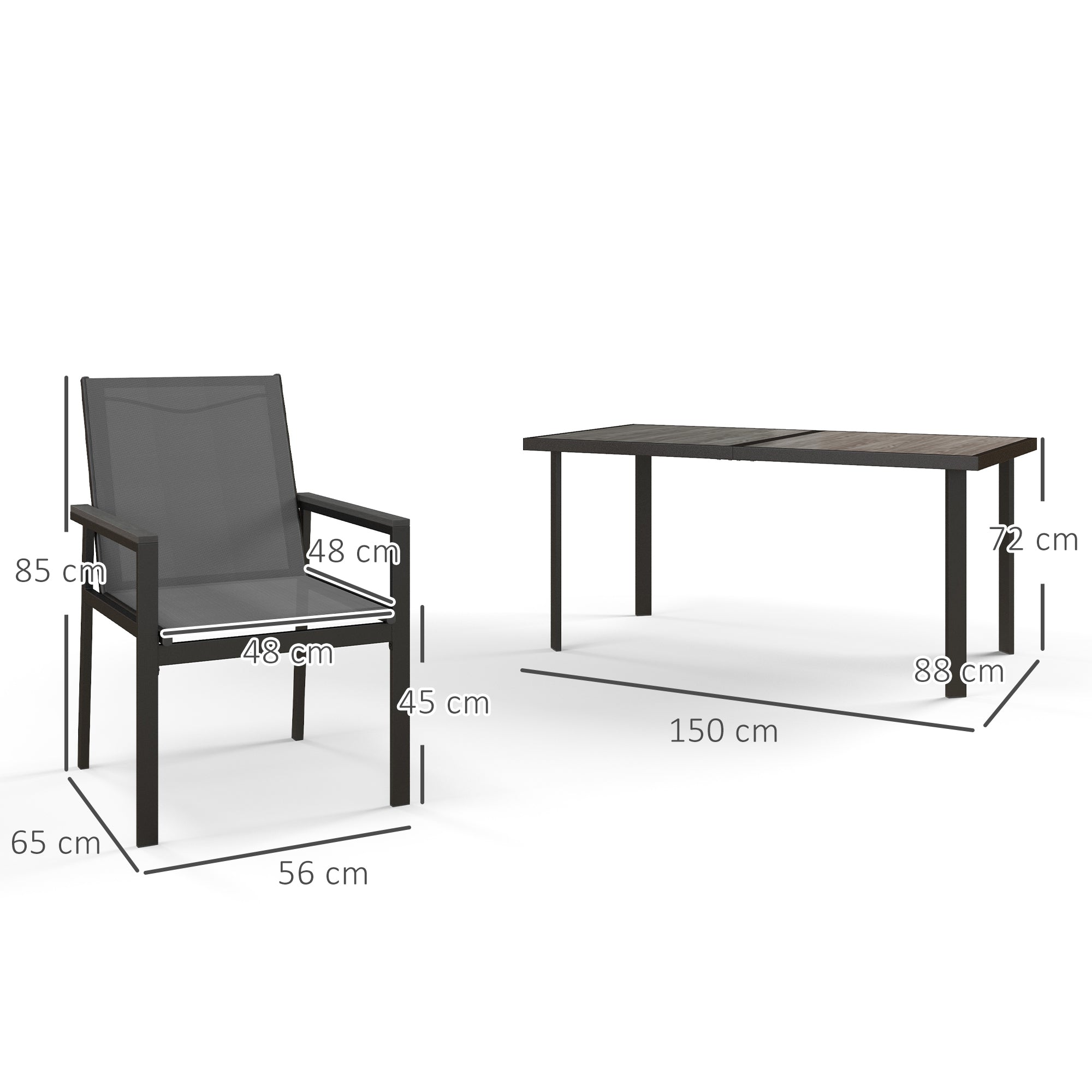 Steel Garden Furniture Set with Table and Chairs - 7-Piece with 1 Dining Table and 6 Chairs - Tempered Glass Top with Wood Grain Effect, Gray