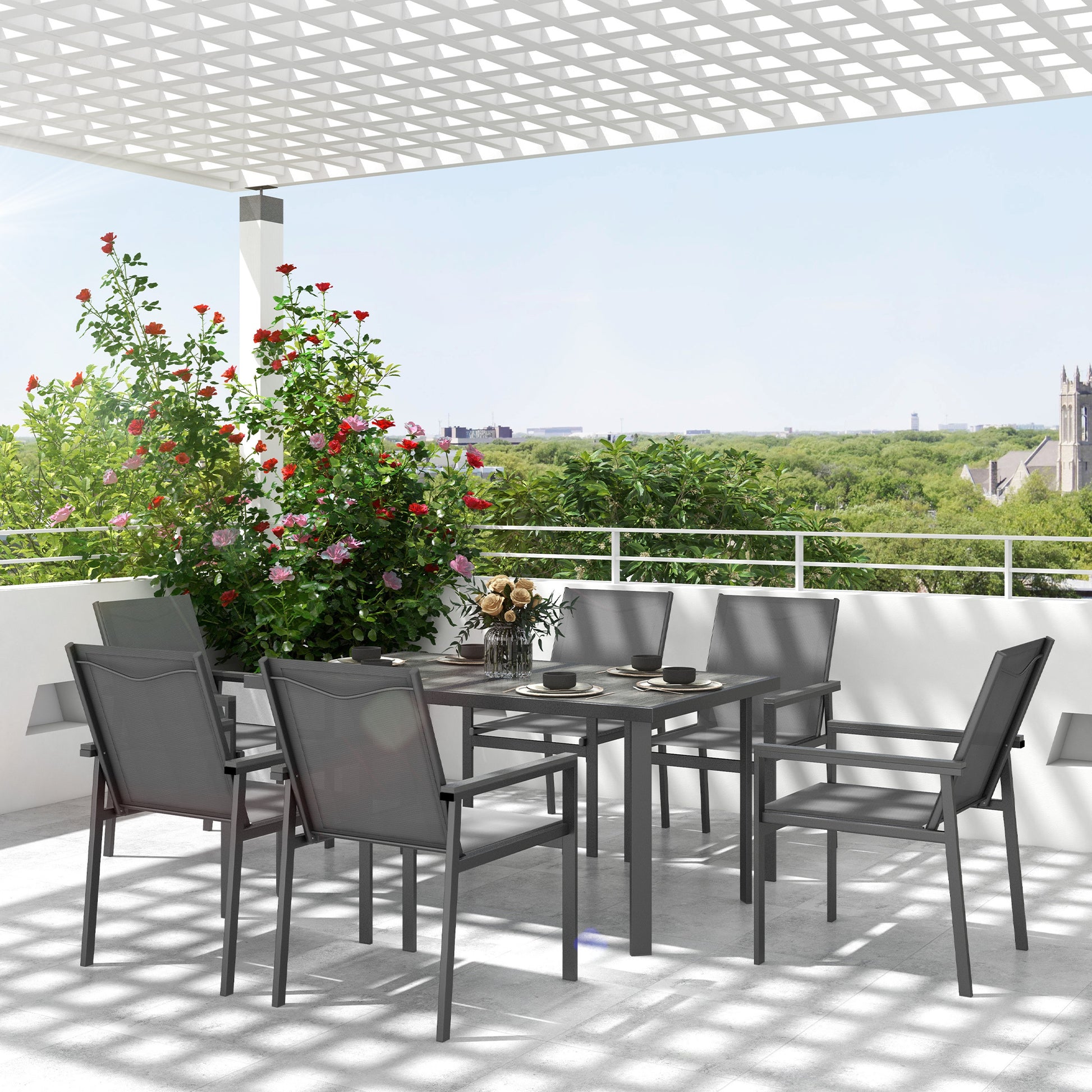 Steel Garden Furniture Set with Table and Chairs - 7-Piece with 1 Dining Table and 6 Chairs - Tempered Glass Top with Wood Grain Effect, Gray