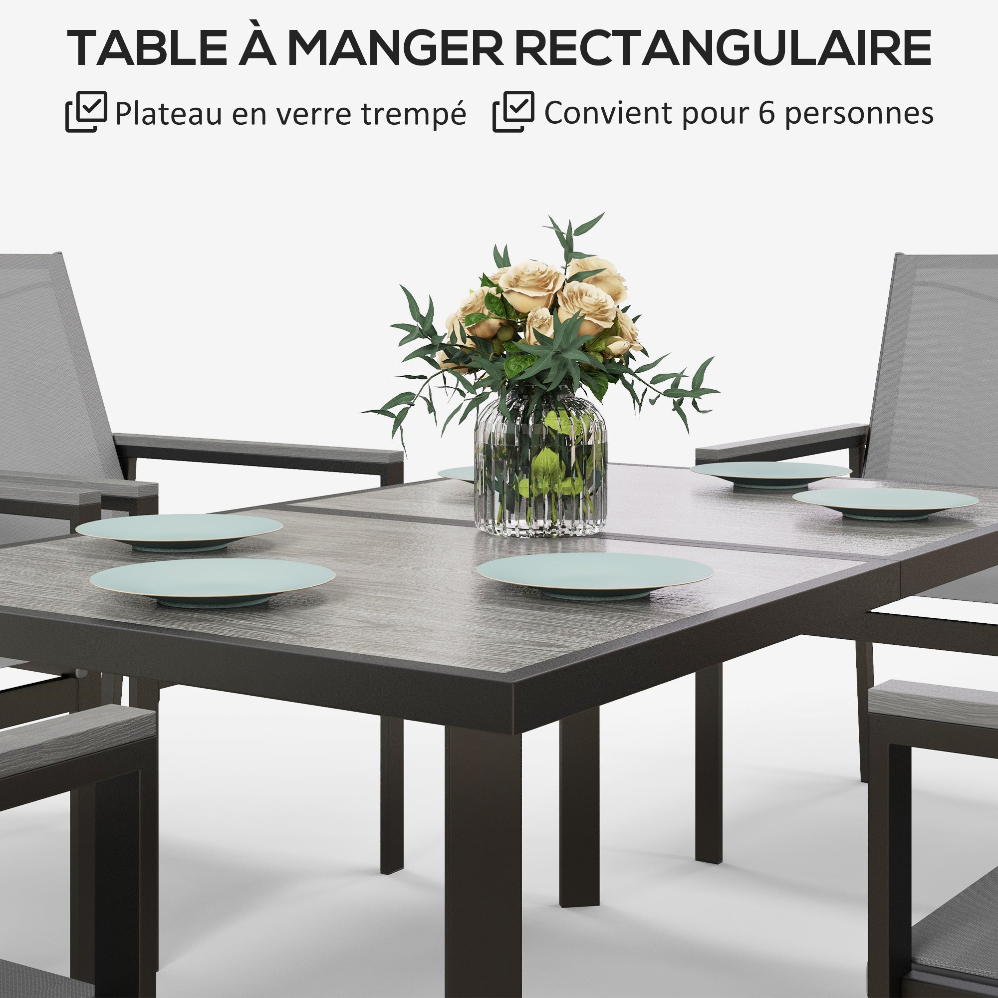 Steel Garden Furniture Set with Table and Chairs - 7-Piece with 1 Dining Table and 6 Chairs - Tempered Glass Top with Wood Grain Effect, Gray