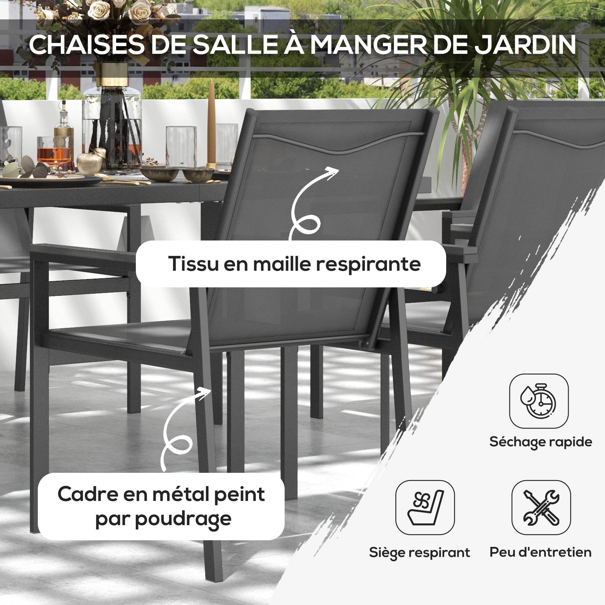 Steel Garden Furniture Set with Table and Chairs - 7-Piece with 1 Dining Table and 6 Chairs - Tempered Glass Top with Wood Grain Effect, Gray