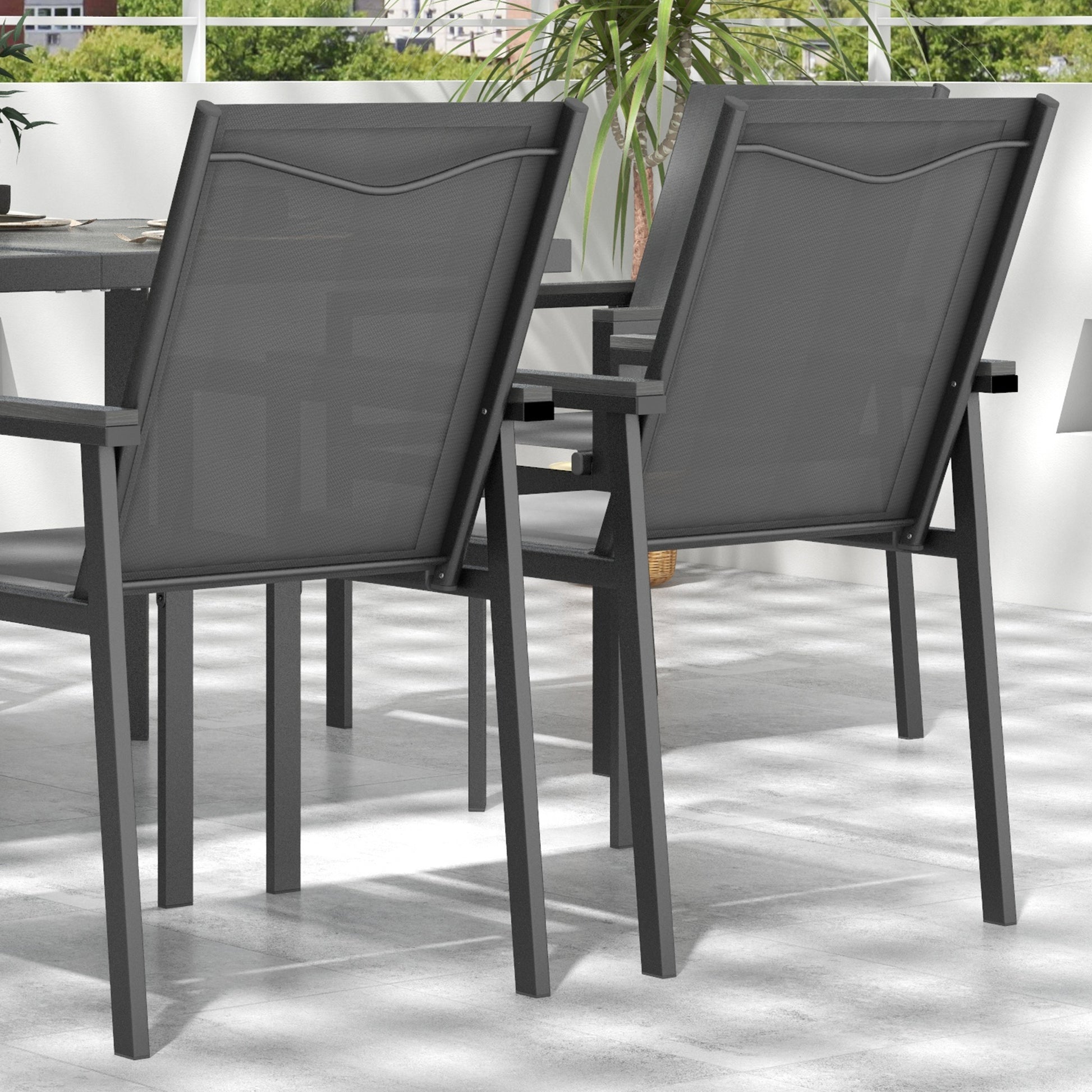 Steel Garden Furniture Set with Table and Chairs - 7-Piece with 1 Dining Table and 6 Chairs - Tempered Glass Top with Wood Grain Effect, Gray