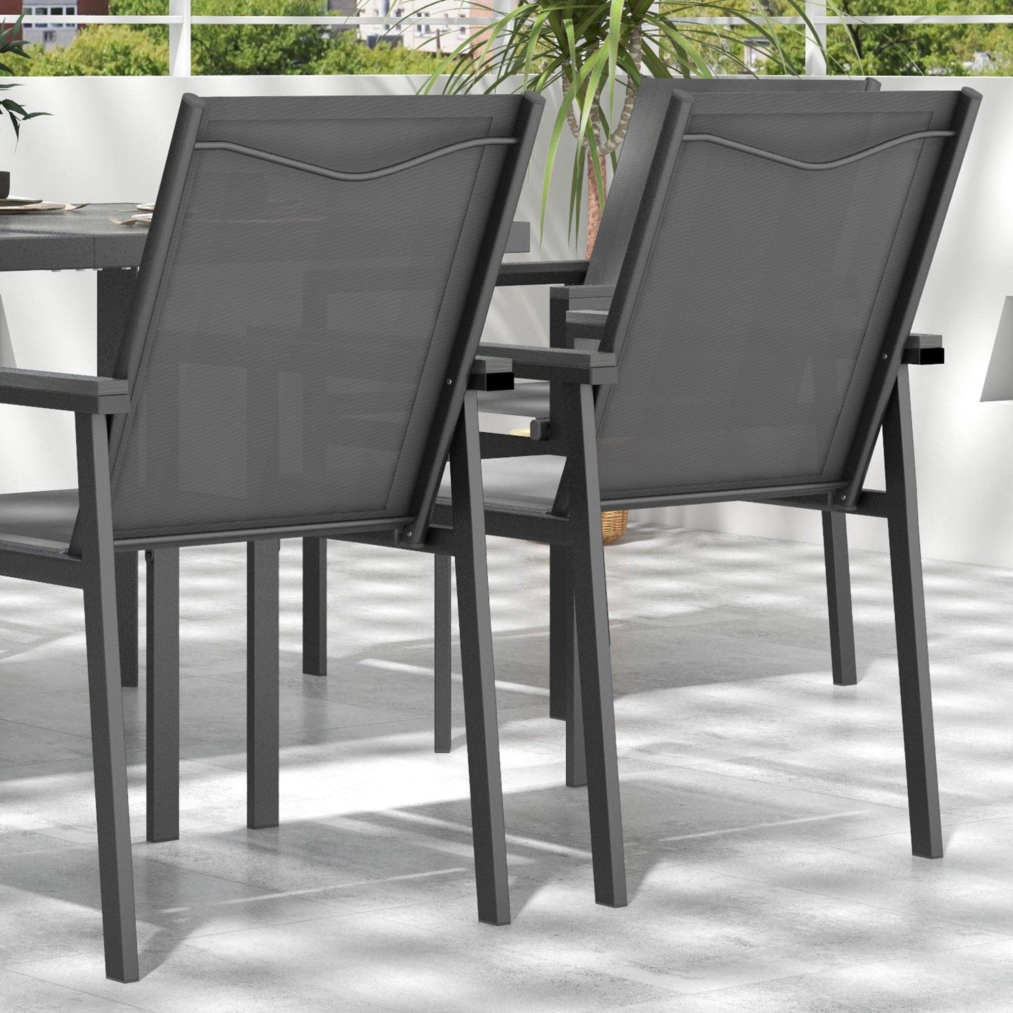 Steel Garden Furniture Set with Table and Chairs - 7-Piece with 1 Dining Table and 6 Chairs - Tempered Glass Top with Wood Grain Effect, Gray