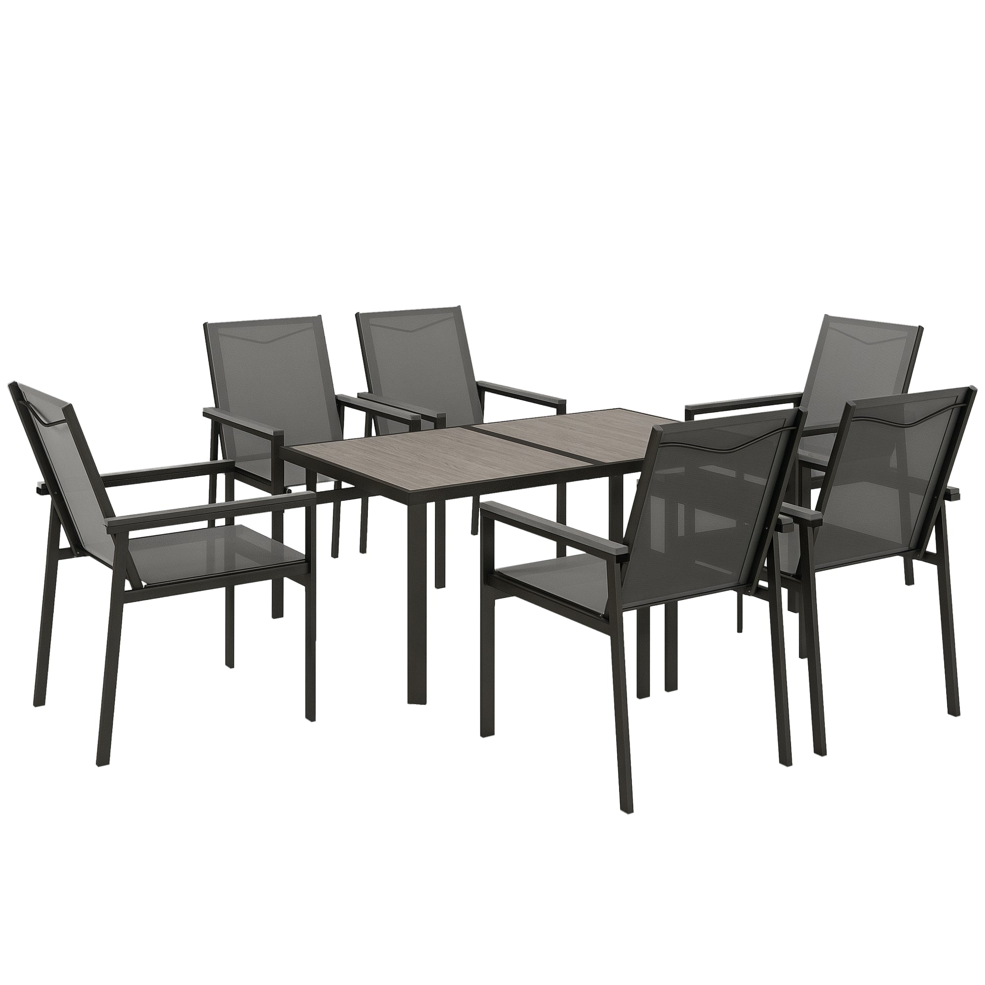 Steel Garden Furniture Set with Table and Chairs - 7-Piece with 1 Dining Table and 6 Chairs - Tempered Glass Top with Wood Grain Effect, Gray
