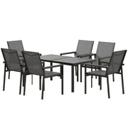 Steel Garden Furniture Set with Table and Chairs - 7-Piece with 1 Dining Table and 6 Chairs - Tempered Glass Top with Wood Grain Effect, Gray