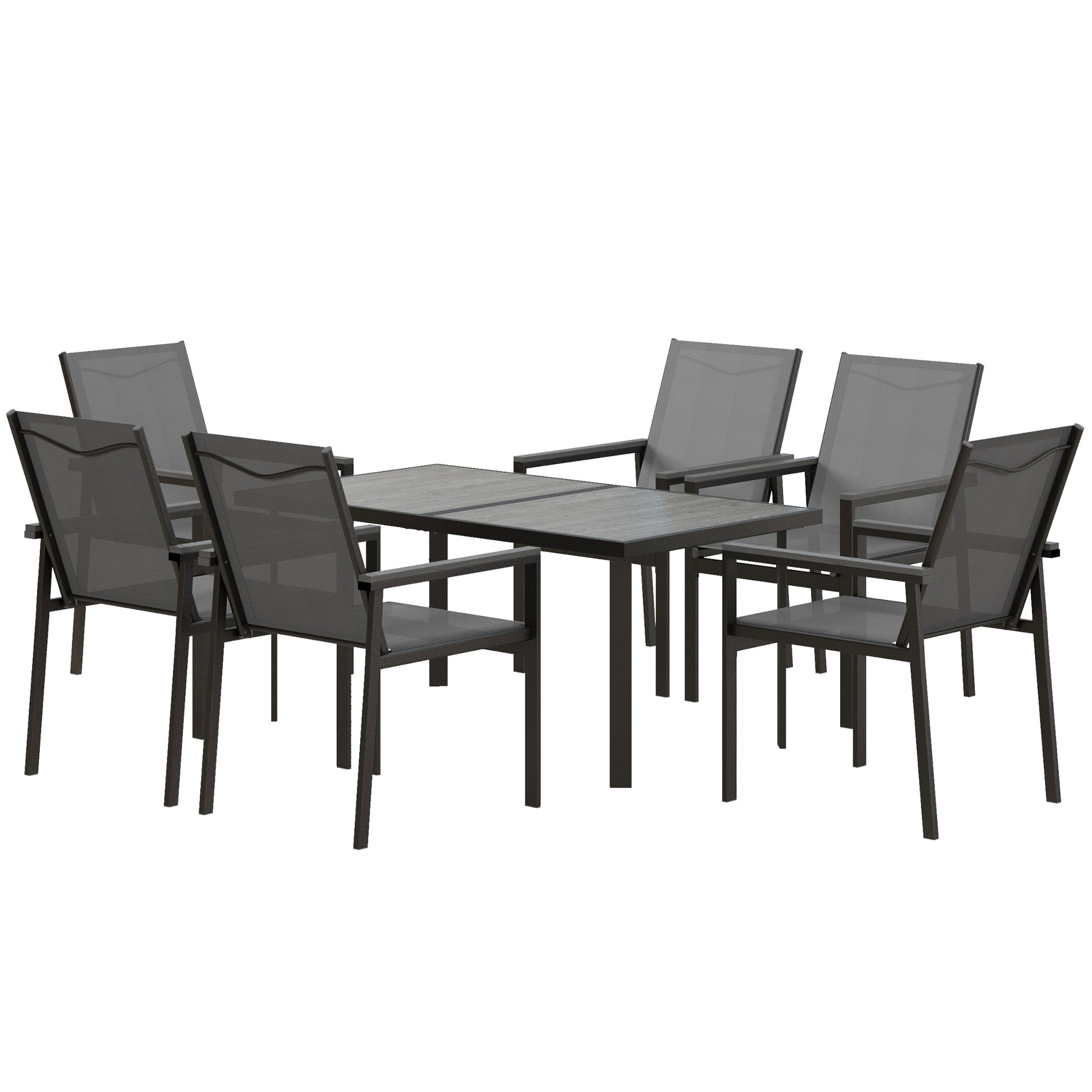 Steel Garden Furniture Set with Table and Chairs - 7-Piece with 1 Dining Table and 6 Chairs - Tempered Glass Top with Wood Grain Effect, Gray