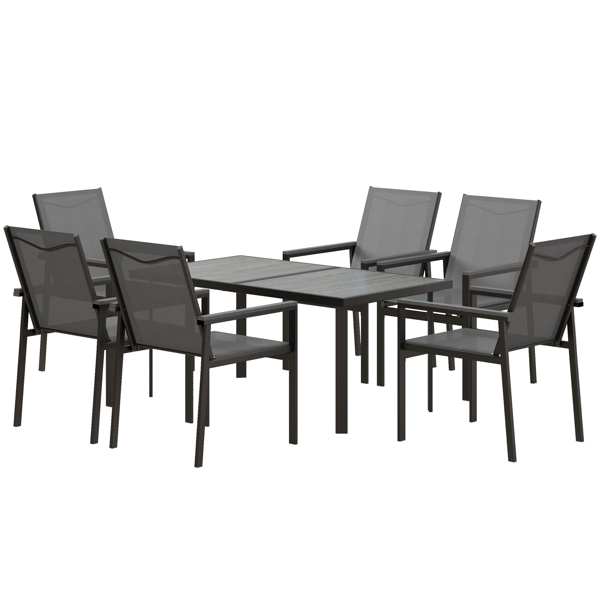 Steel Garden Furniture Set with Table and Chairs - 7-Piece with 1 Dining Table and 6 Chairs - Tempered Glass Top with Wood Grain Effect, Gray