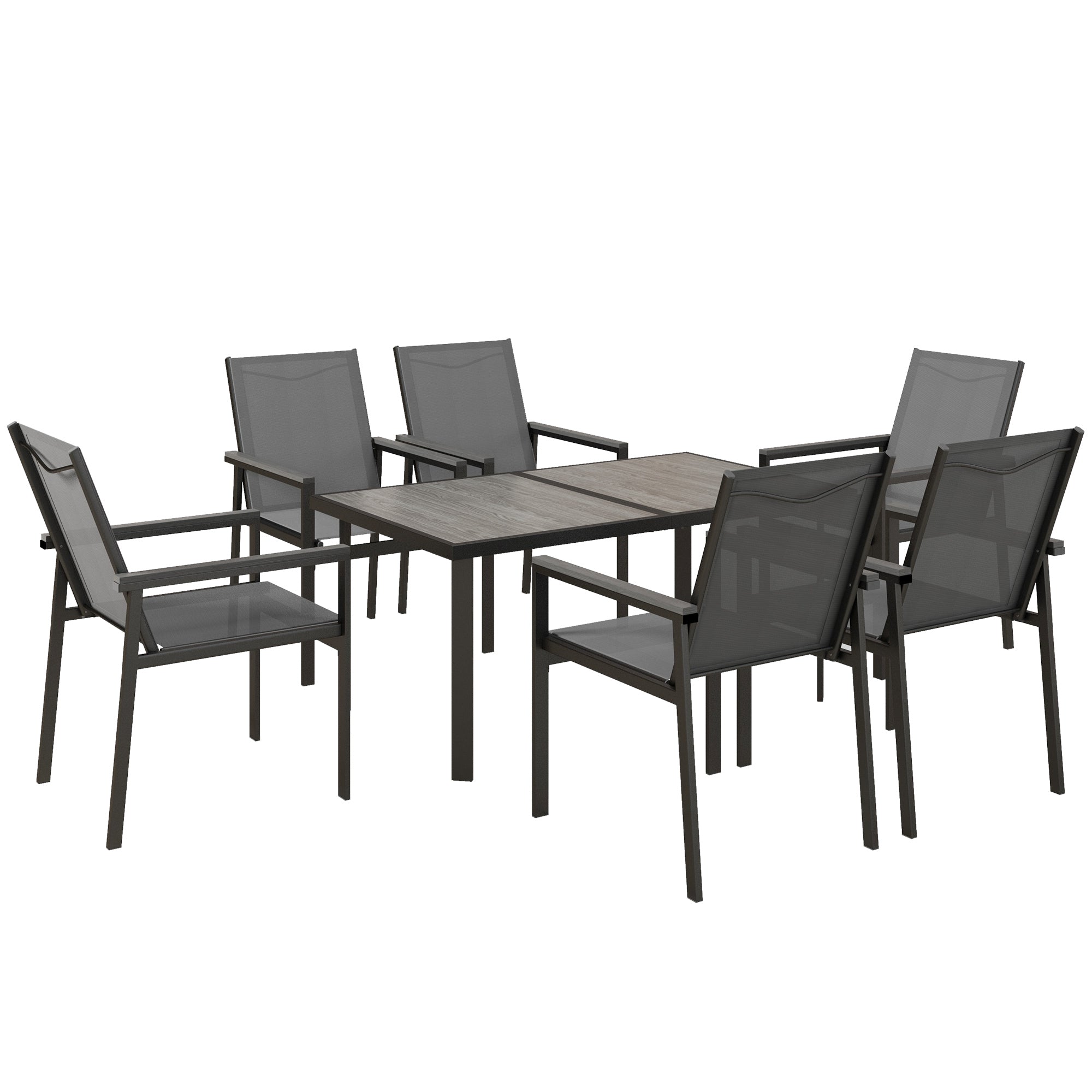 Steel Garden Furniture Set with Table and Chairs - 7-Piece with 1 Dining Table and 6 Chairs - Tempered Glass Top with Wood Grain Effect, Gray