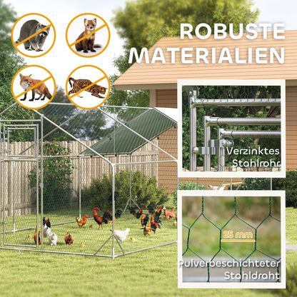Chicken Coop Chicken Run made of Steel, 3 x 6 x 1.95 m Chicken Cage with UV-Resistant Cover, Feeding Door, Hanging Feeder, Perch, Chicken Run for 18-24 Chickens, Small Animals, Silver