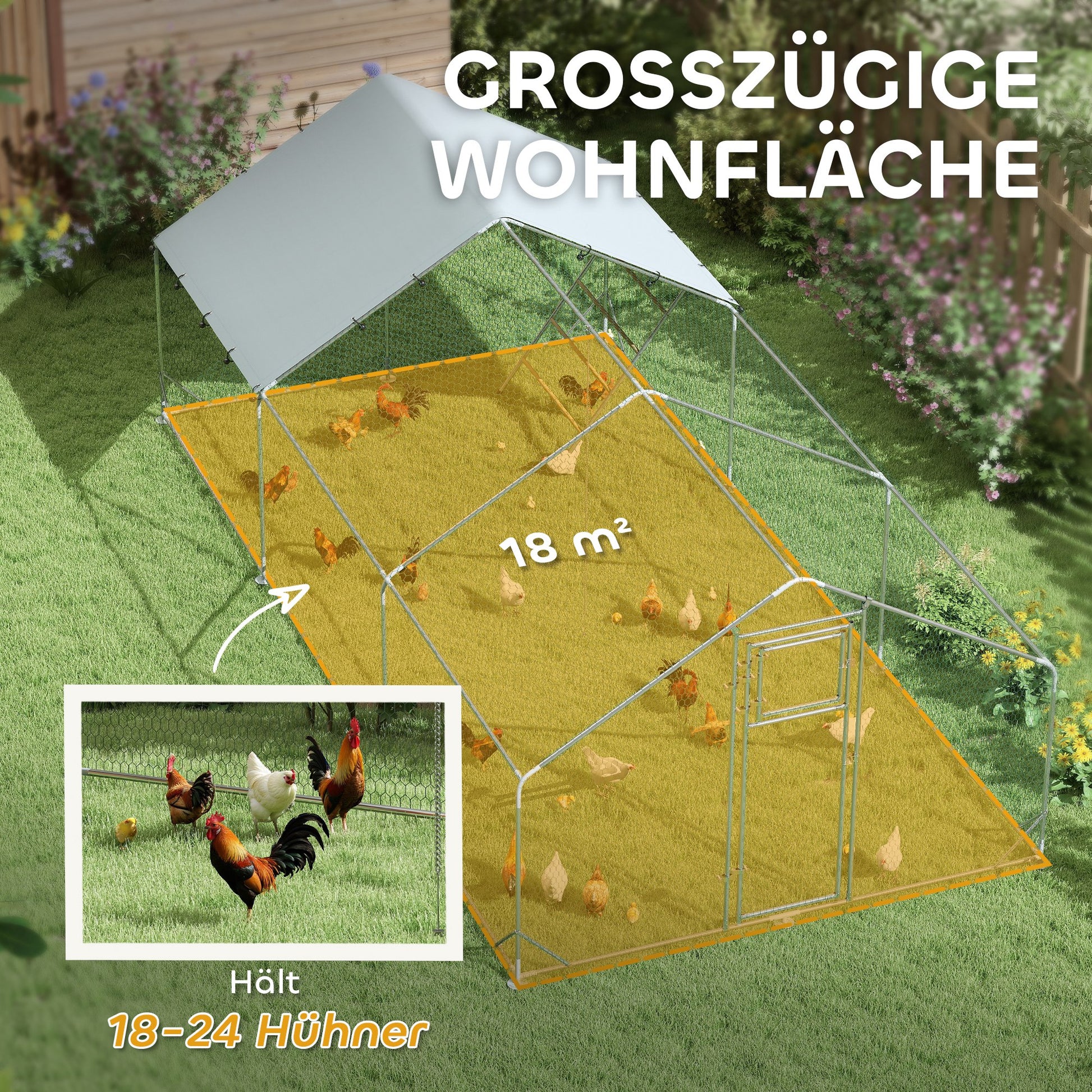 Chicken Coop Chicken Run made of Steel, 3 x 6 x 1.95 m Chicken Cage with UV-Resistant Cover, Feeding Door, Hanging Feeder, Perch, Chicken Run for 18-24 Chickens, Small Animals, Silver