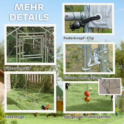 Chicken Coop Chicken Run made of Steel, 3 x 6 x 1.95 m Chicken Cage with UV-Resistant Cover, Feeding Door, Hanging Feeder, Perch, Chicken Run for 18-24 Chickens, Small Animals, Silver