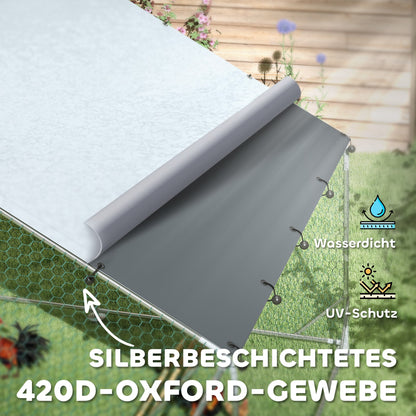 Chicken Coop Chicken Run made of Steel, 3 x 6 x 1.95 m Chicken Cage with UV-Resistant Cover, Feeding Door, Hanging Feeder, Perch, Chicken Run for 18-24 Chickens, Small Animals, Silver