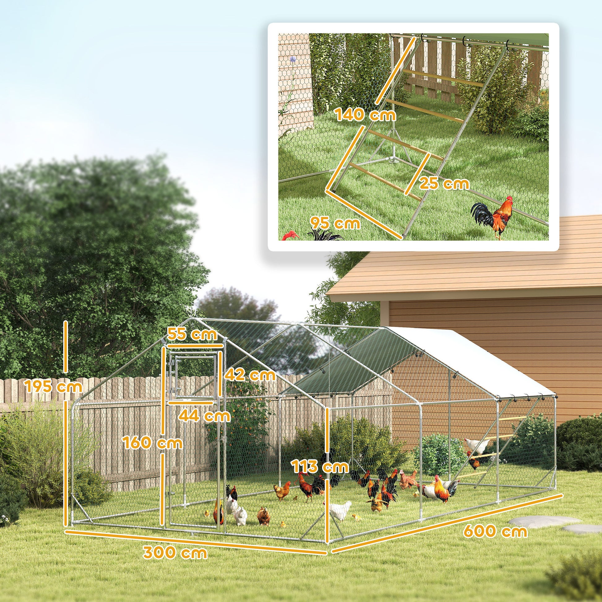 Chicken Coop Chicken Run made of Steel, 3 x 6 x 1.95 m Chicken Cage with UV-Resistant Cover, Feeding Door, Hanging Feeder, Perch, Chicken Run for 18-24 Chickens, Small Animals, Silver