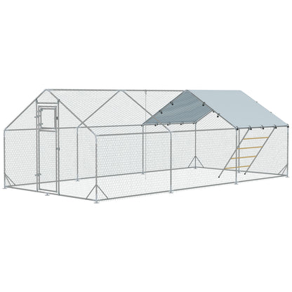 Chicken Coop Chicken Run made of Steel, 3 x 6 x 1.95 m Chicken Cage with UV-Resistant Cover, Feeding Door, Hanging Feeder, Perch, Chicken Run for 18-24 Chickens, Small Animals, Silver