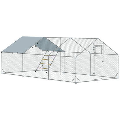 Chicken Coop Chicken Run made of Steel, 3 x 6 x 1.95 m Chicken Cage with UV-Resistant Cover, Feeding Door, Hanging Feeder, Perch, Chicken Run for 18-24 Chickens, Small Animals, Silver
