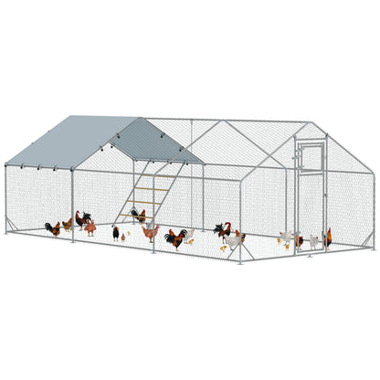 Chicken Coop Chicken Run made of Steel, 3 x 6 x 1.95 m Chicken Cage with UV-Resistant Cover, Feeding Door, Hanging Feeder, Perch, Chicken Run for 18-24 Chickens, Small Animals, Silver