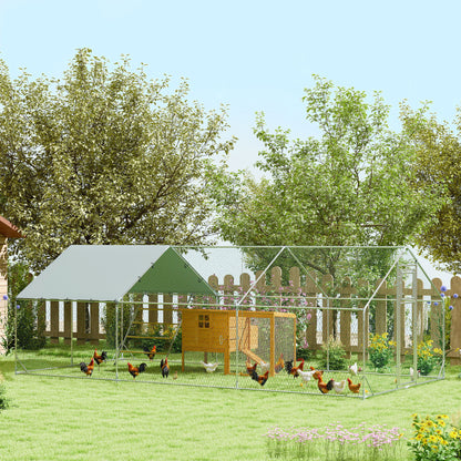 Chicken Coop Chicken Run made of Steel, 3 x 6 x 1.95 m Chicken Cage with UV-Resistant Cover, Feeding Door, Hanging Feeder, Perch, Chicken Run for 18-24 Chickens, Small Animals, Silver
