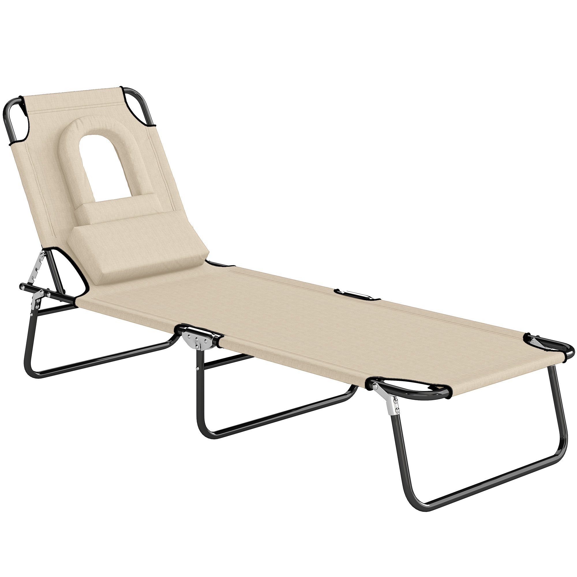 Folding Sun Lounger with Face Hole and Head Pillow — 4-Position Adjustable, Weatherproof, Up to 265 lb (Beige)
