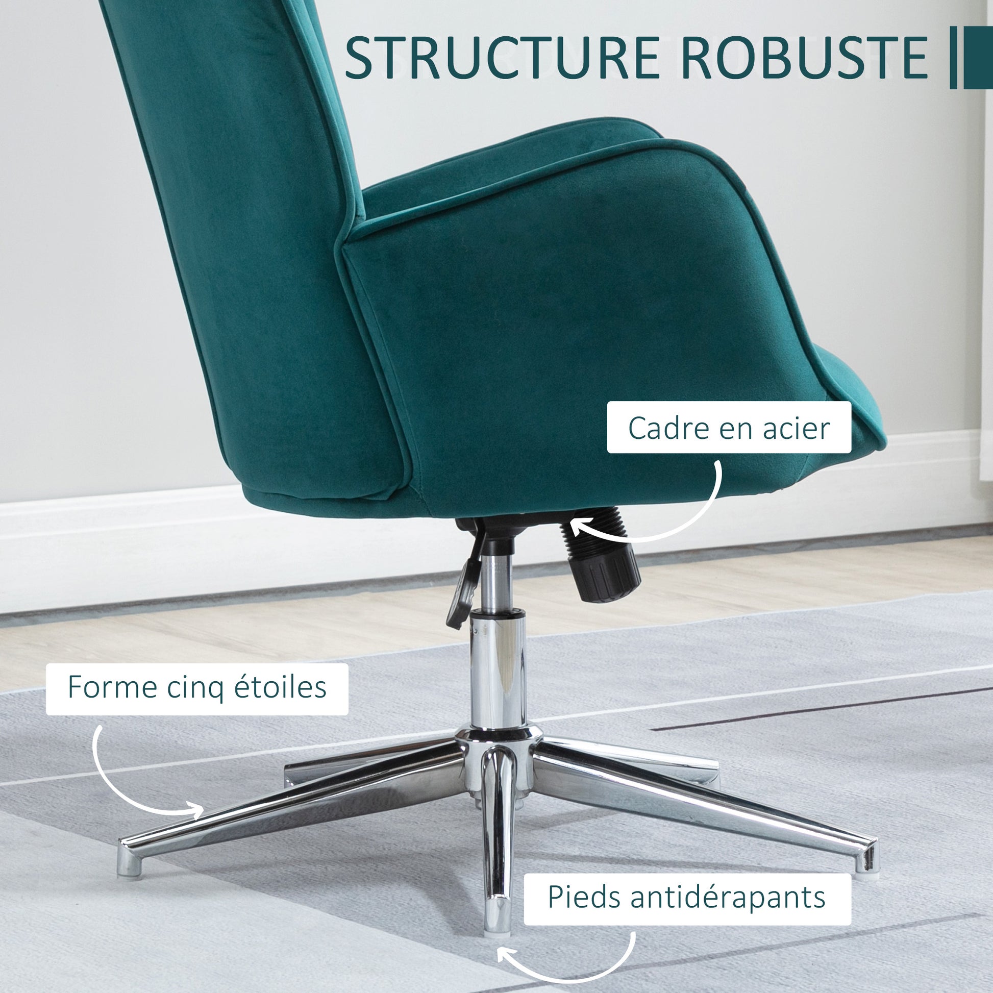 Living Room Chair Relax Swivel Chair, Adjustable Height, Tufted Backrest, Padded Seat and Armrests, Velvet Fabric, for Bedroom Living Room Dining Room, Blue