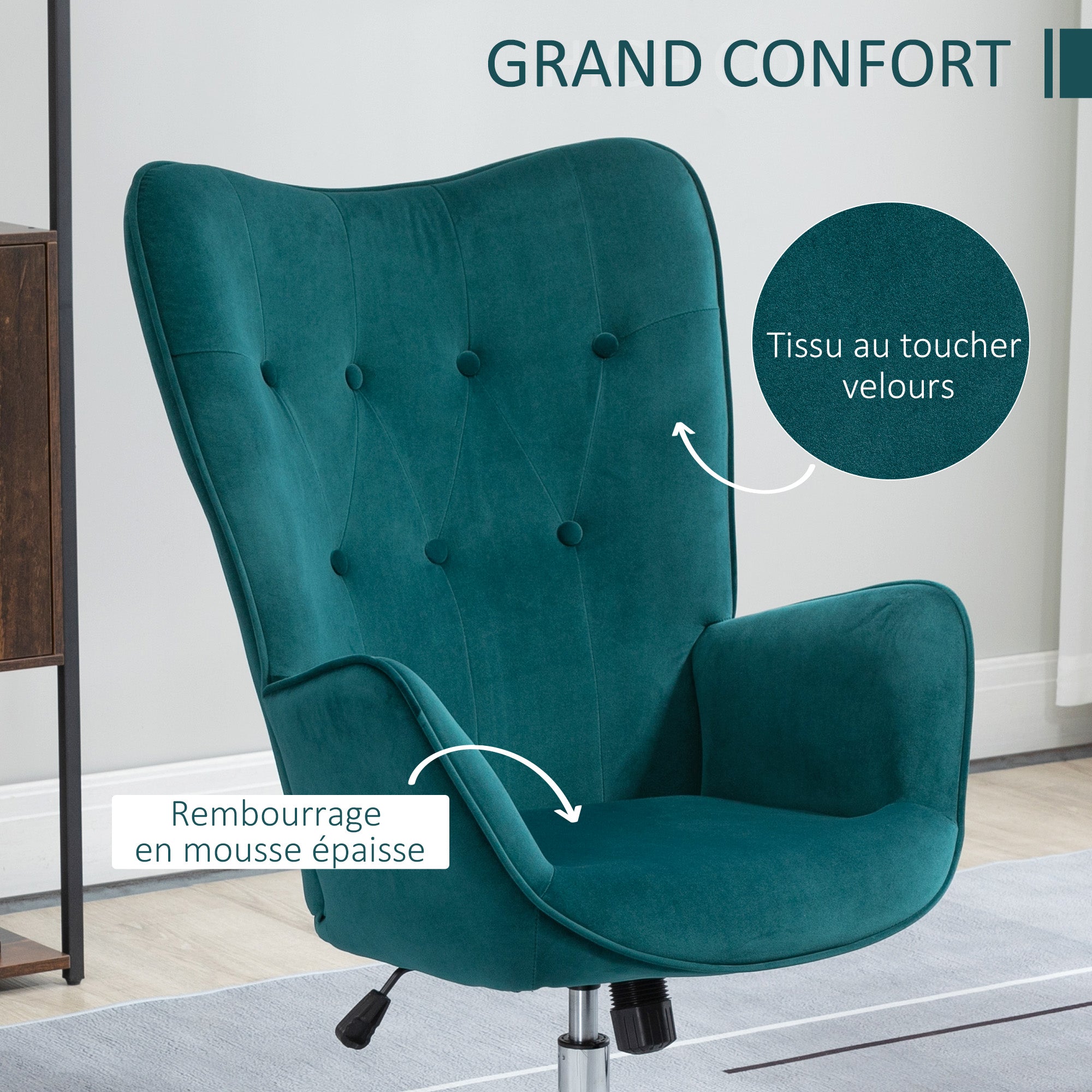 Living Room Chair Relax Swivel Chair, Adjustable Height, Tufted Backrest, Padded Seat and Armrests, Velvet Fabric, for Bedroom Living Room Dining Room, Blue