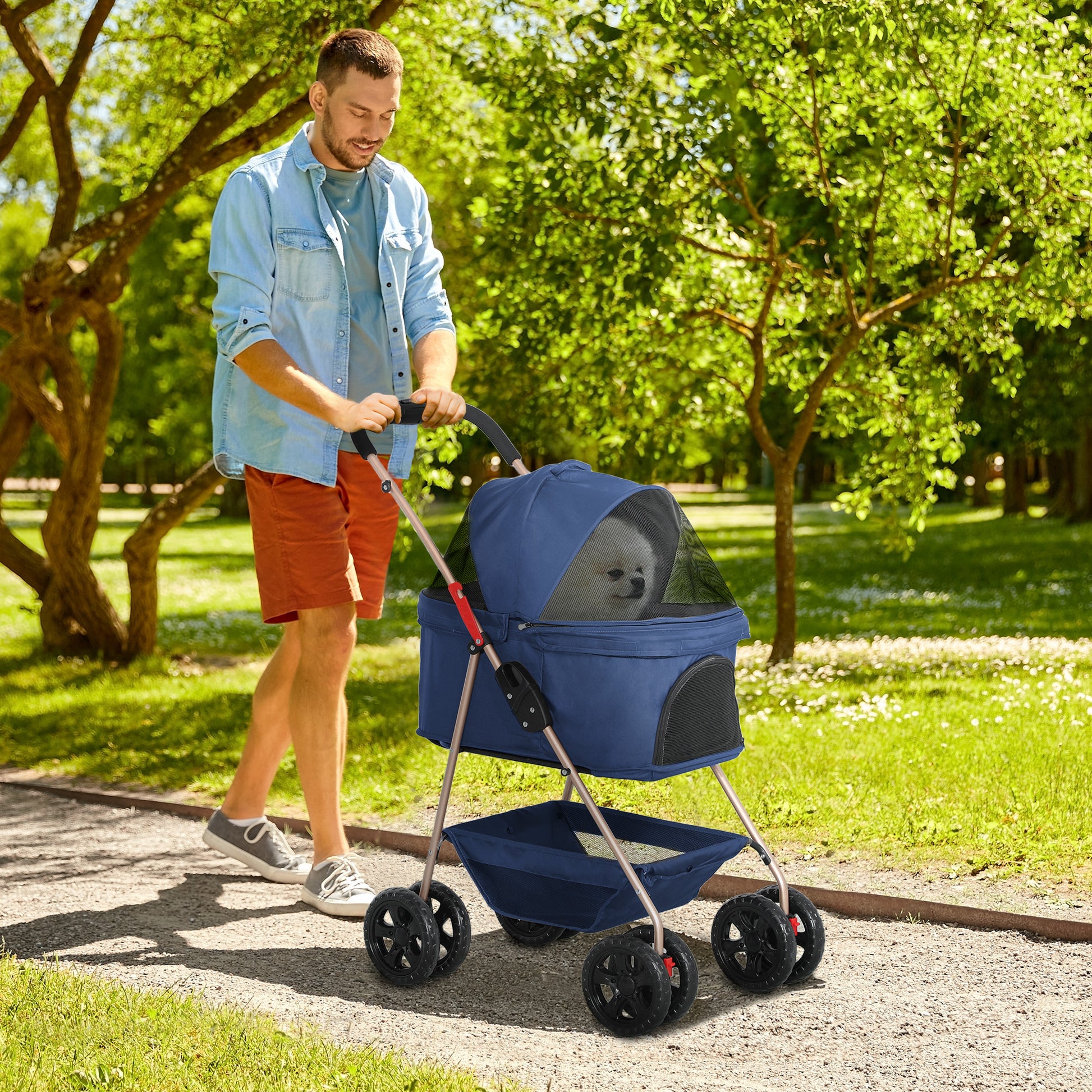 Foldable 3-in-1 Dog Stroller Pet Stroller for Small Dogs with Storage Basket Mesh Window Cup Holders and 2 Universal Wheels 76x50x102 cm Dark Blue
