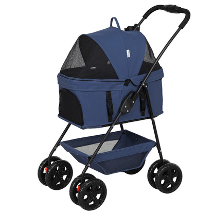 Foldable 3-in-1 Dog Stroller Pet Stroller for Small Dogs with Storage Basket Mesh Window Cup Holders and 2 Universal Wheels 76x50x102 cm Dark Blue