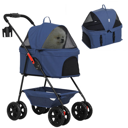 Foldable 3-in-1 Dog Stroller Pet Stroller for Small Dogs with Storage Basket Mesh Window Cup Holders and 2 Universal Wheels 76x50x102 cm Dark Blue