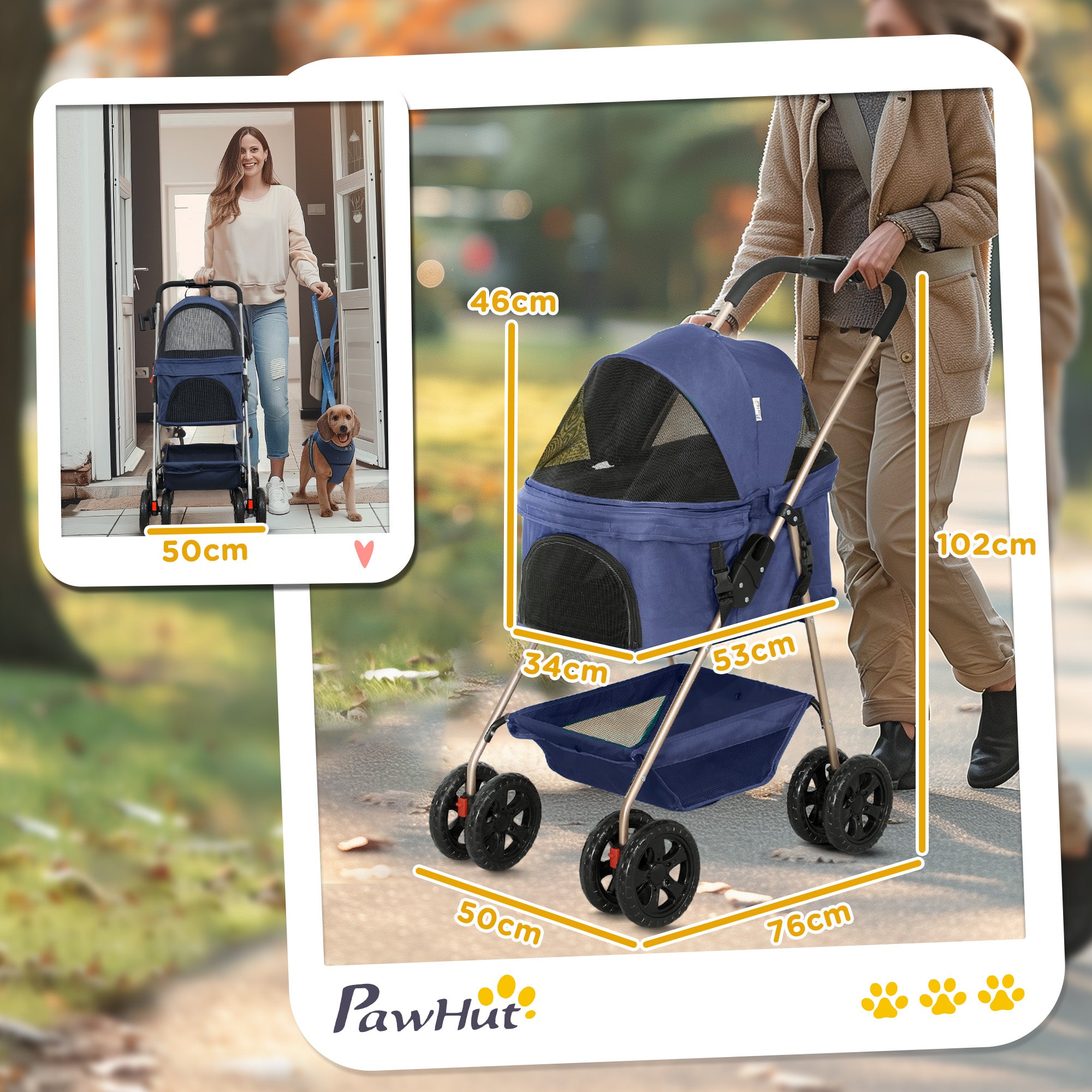 Foldable 3-in-1 Dog Stroller Pet Stroller for Small Dogs with Storage Basket Mesh Window Cup Holders and 2 Universal Wheels 76x50x102 cm Dark Blue