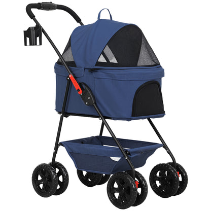 Foldable 3-in-1 Dog Stroller Pet Stroller for Small Dogs with Storage Basket Mesh Window Cup Holders and 2 Universal Wheels 76x50x102 cm Dark Blue