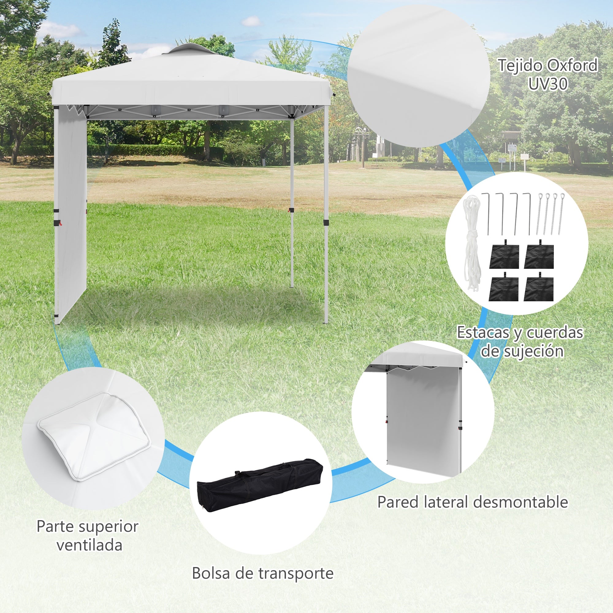 Foldable Tent 2.5x2.5 m Garden Gazebo with 1 Side Wall Adjustable Height in 3 Levels Anti-UV Waterproof and Sand Bag Canopy for Outdoor Camping Parties White
