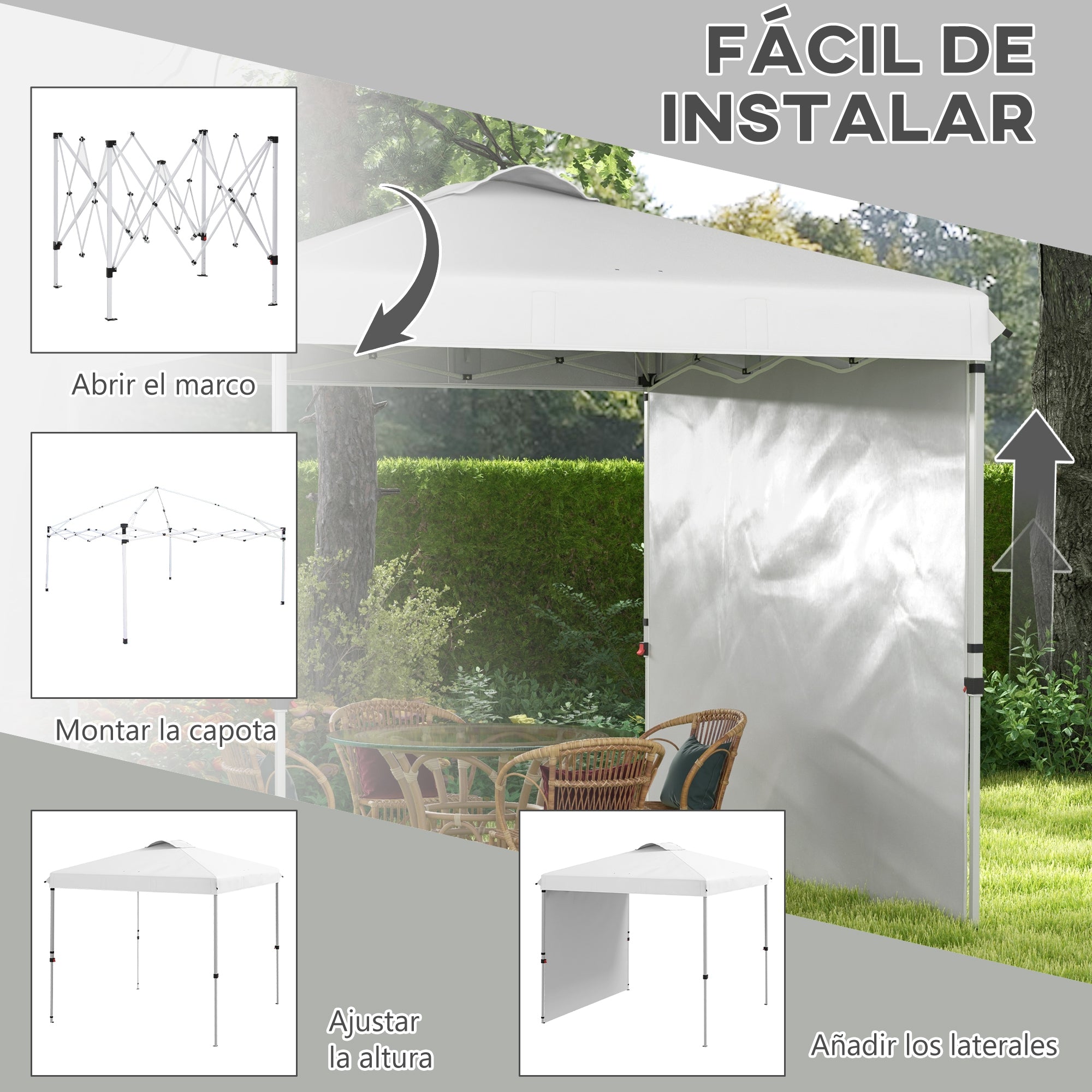 Foldable Tent 2.5x2.5 m Garden Gazebo with 1 Side Wall Adjustable Height in 3 Levels Anti-UV Waterproof and Sand Bag Canopy for Outdoor Camping Parties White