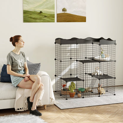 Small Animal Cage with 40 Panels Customizable Shape Pet Playpen Metal Fence for Guinea Pigs Rabbits Kitten 105x70x116 cm Black