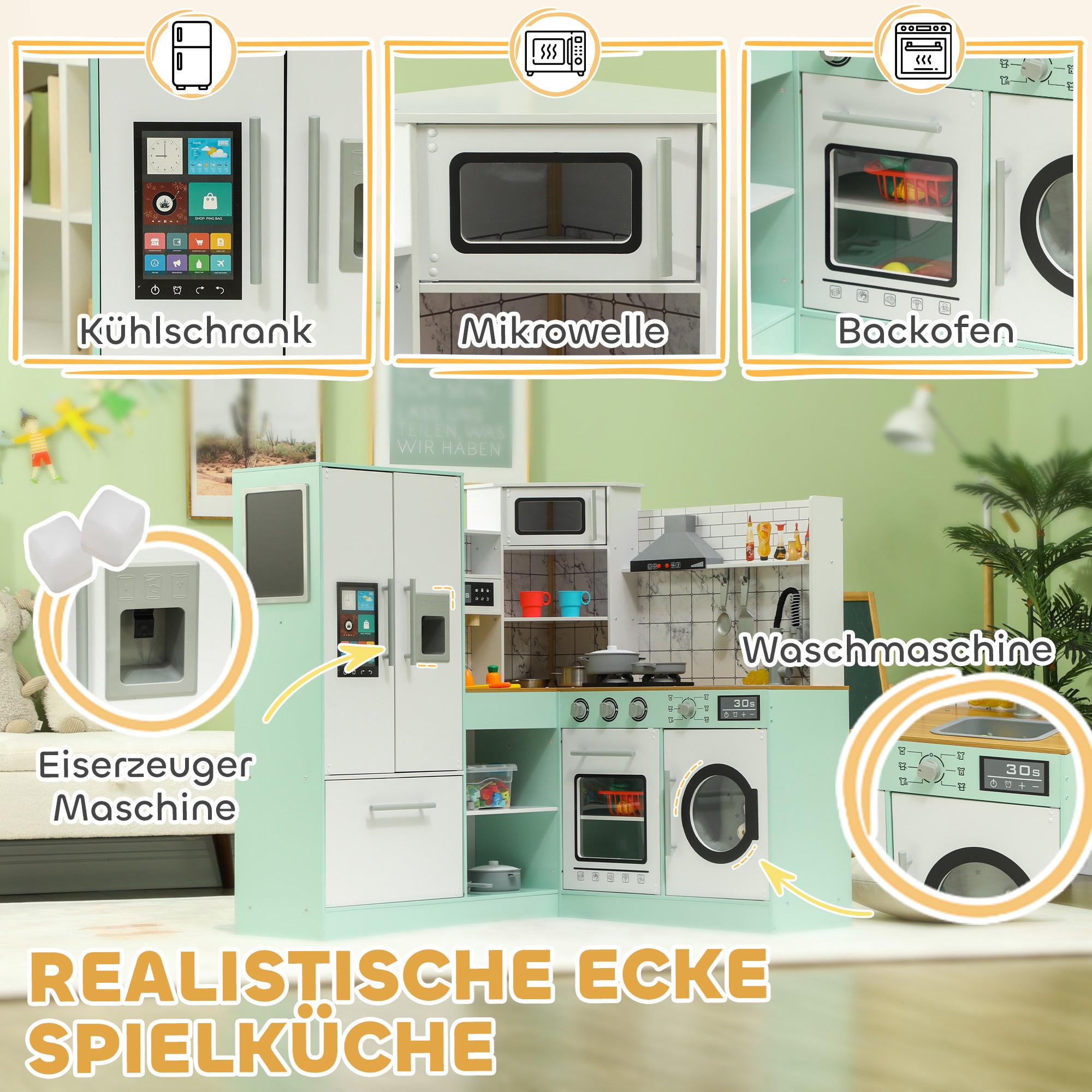 Children's Kitchen, Play Kitchen with Chalkboard, Extractor Hood, Ice Maker, Microwave, Oven, Fridge, Realistic Light and Sound Effects, Kitchen Utensils, for Ages 3 and Up