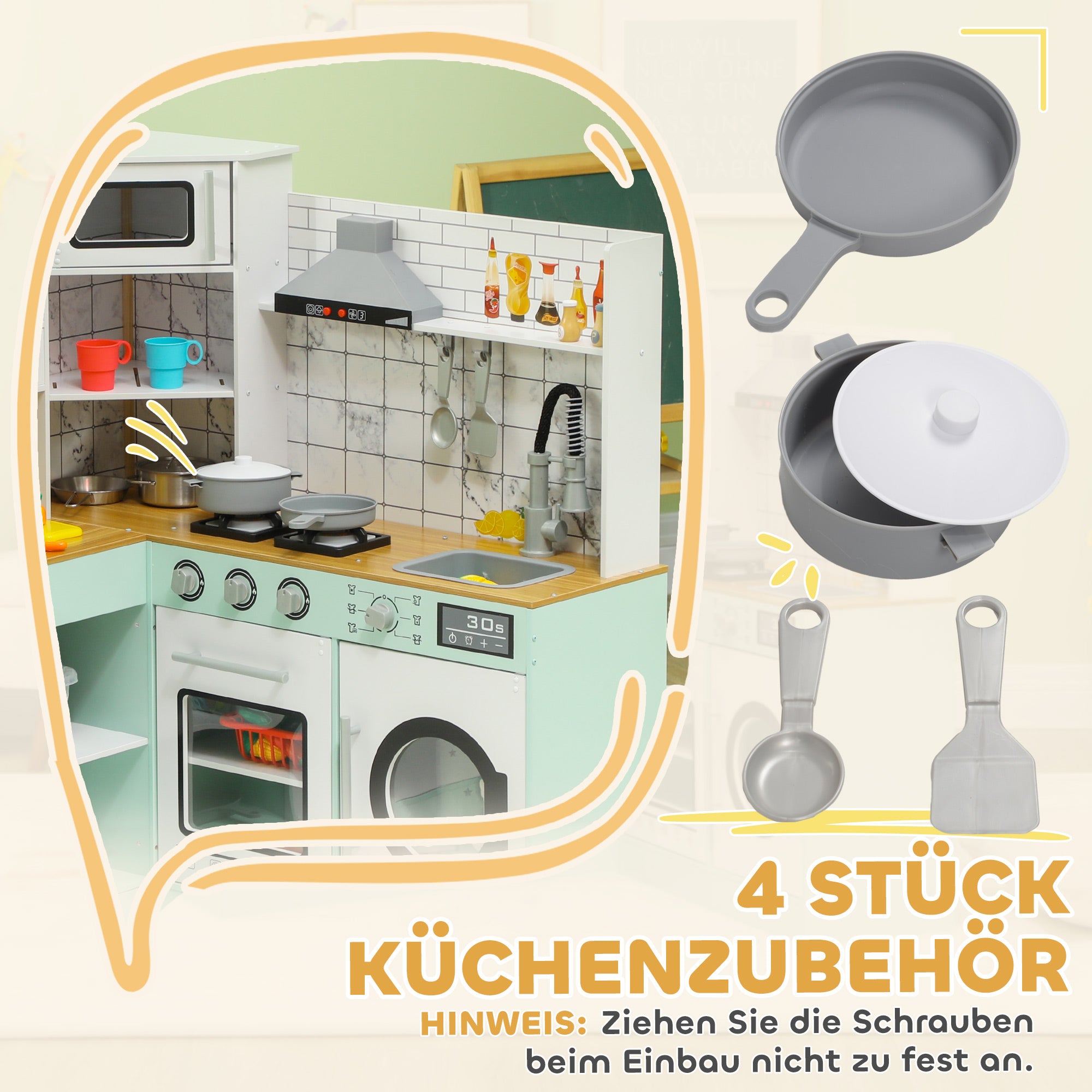 Children's Kitchen, Play Kitchen with Chalkboard, Extractor Hood, Ice Maker, Microwave, Oven, Fridge, Realistic Light and Sound Effects, Kitchen Utensils, for Ages 3 and Up