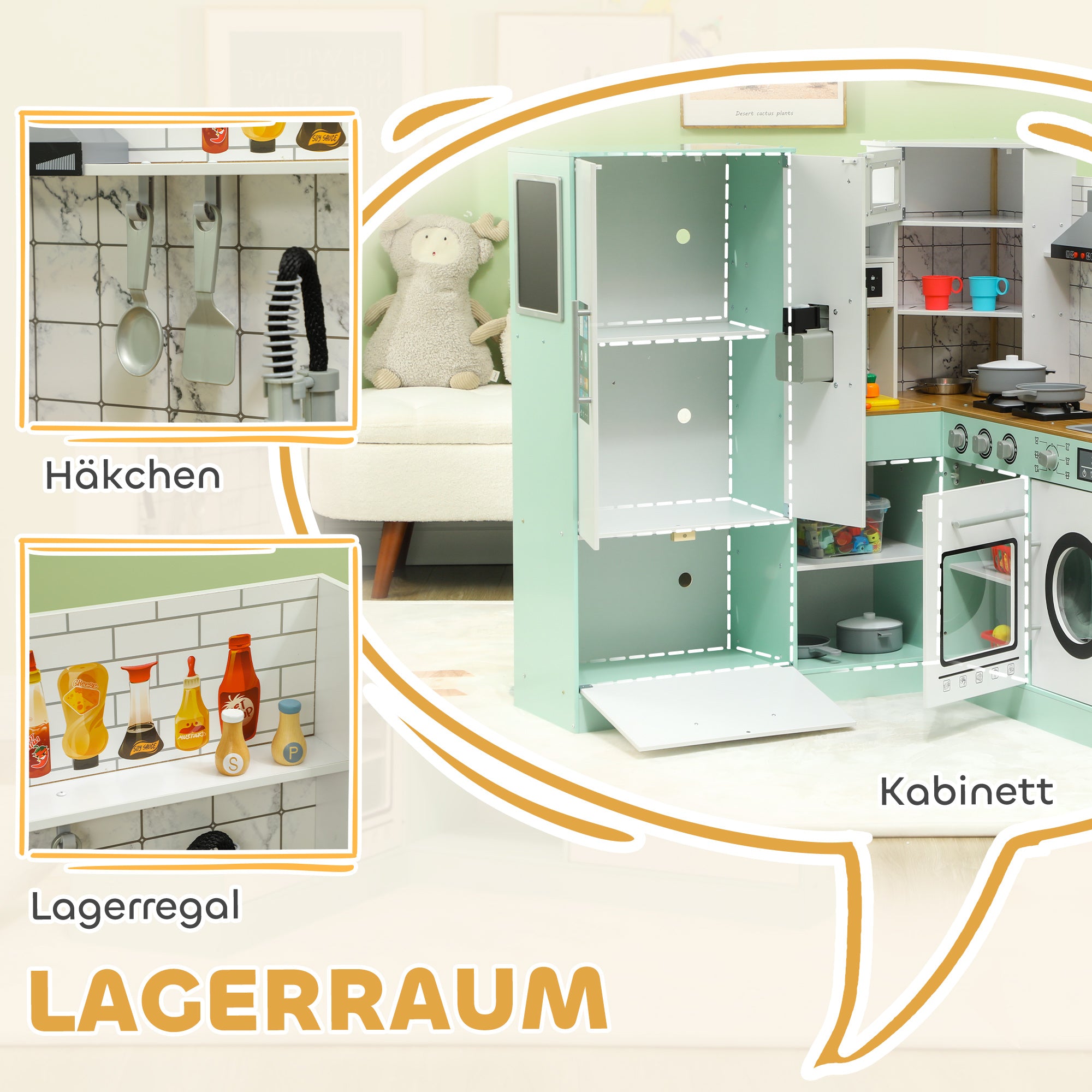 Children's Kitchen, Play Kitchen with Chalkboard, Extractor Hood, Ice Maker, Microwave, Oven, Fridge, Realistic Light and Sound Effects, Kitchen Utensils, for Ages 3 and Up