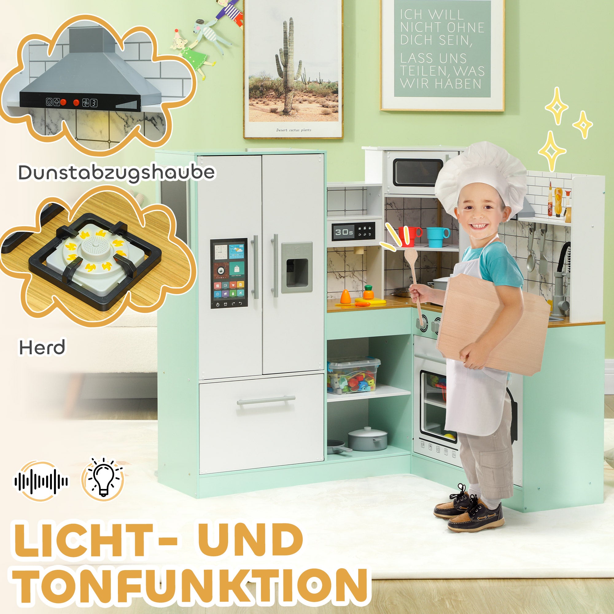 Children's Kitchen, Play Kitchen with Chalkboard, Extractor Hood, Ice Maker, Microwave, Oven, Fridge, Realistic Light and Sound Effects, Kitchen Utensils, for Ages 3 and Up
