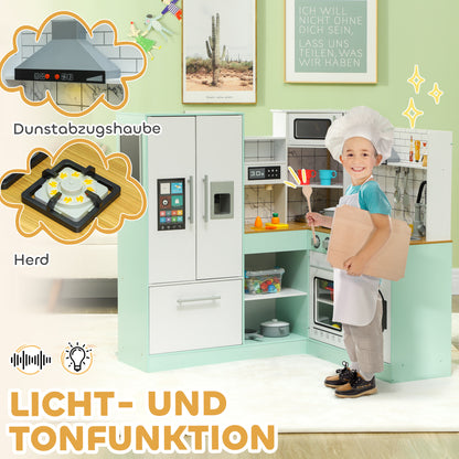 Children's Kitchen, Play Kitchen with Chalkboard, Extractor Hood, Ice Maker, Microwave, Oven, Fridge, Realistic Light and Sound Effects, Kitchen Utensils, for Ages 3 and Up