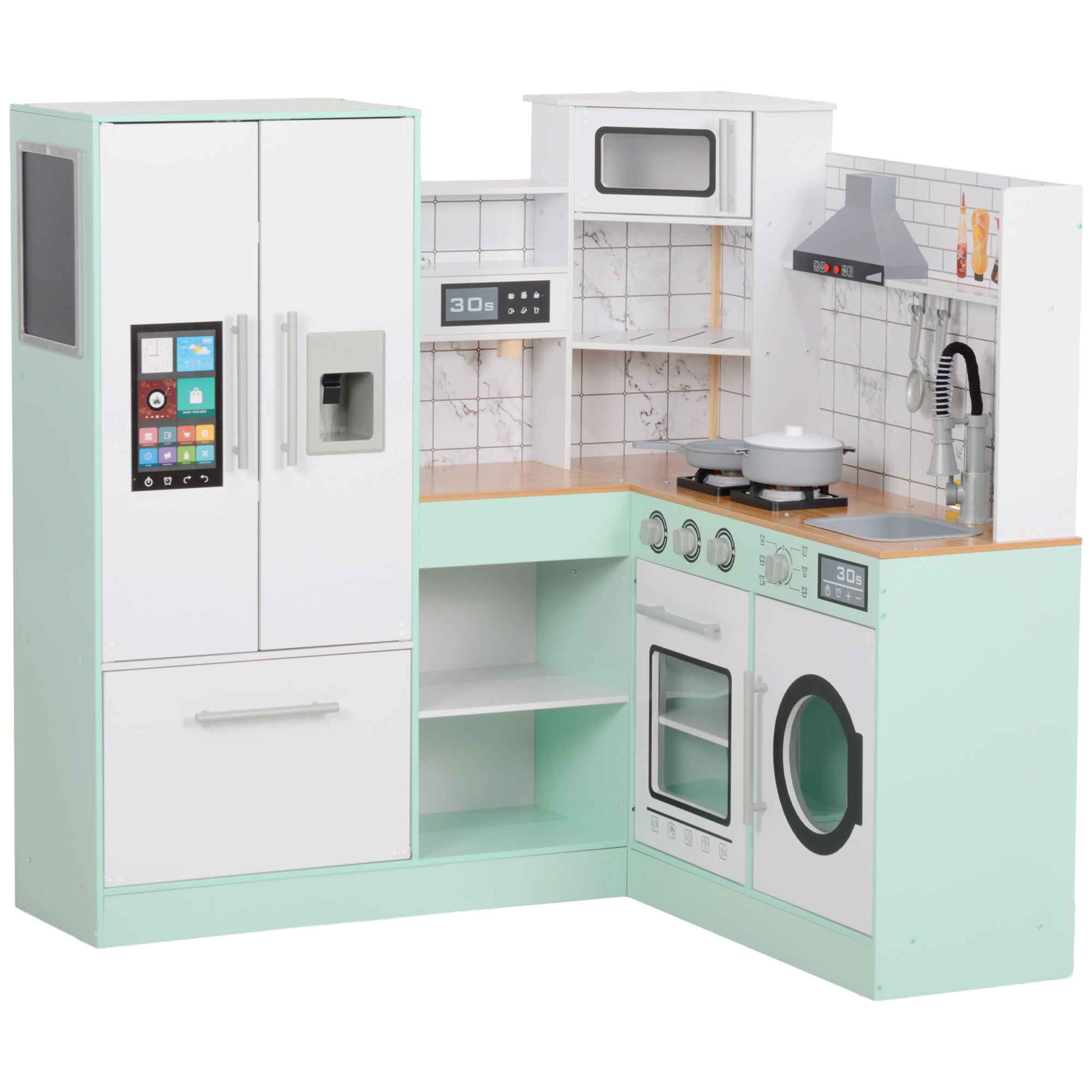 Children's Kitchen, Play Kitchen with Chalkboard, Extractor Hood, Ice Maker, Microwave, Oven, Fridge, Realistic Light and Sound Effects, Kitchen Utensils, for Ages 3 and Up