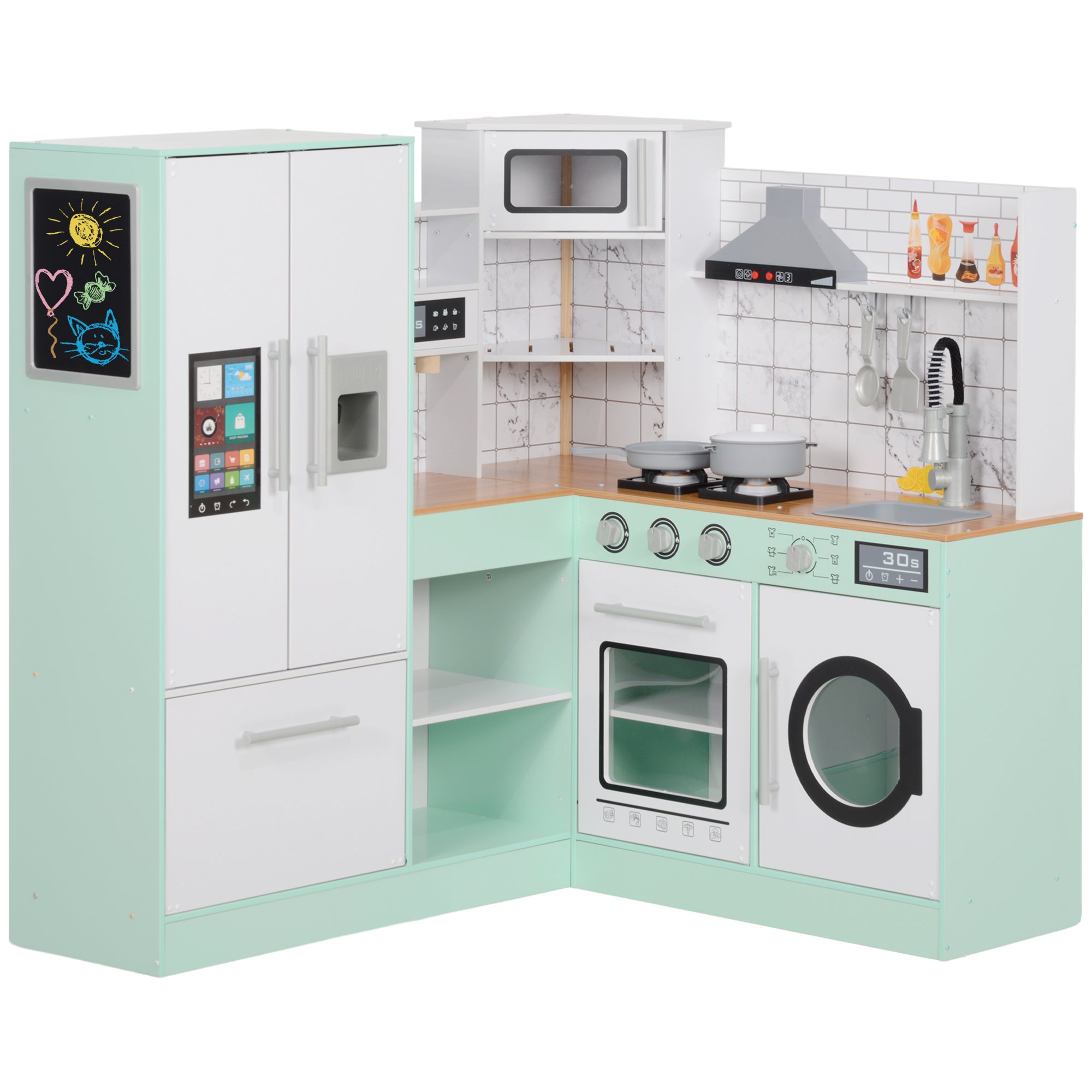 Children's Kitchen, Play Kitchen with Chalkboard, Extractor Hood, Ice Maker, Microwave, Oven, Fridge, Realistic Light and Sound Effects, Kitchen Utensils, for Ages 3 and Up