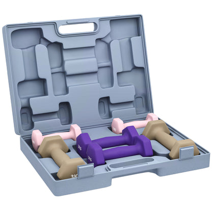 SPORTNOW 6-Piece Dumbbell Set 2 x 1 kg 2 x 2 kg 2 x 3 kg Hexagonal Dumbbells with Non-Slip Plastic Coating and Transport Case for Home Gym Exercise Multicolor