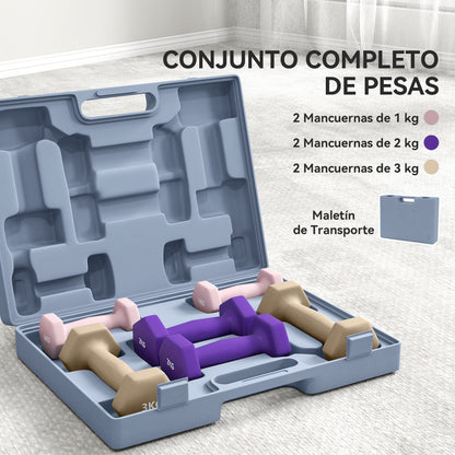 SPORTNOW 6-Piece Dumbbell Set 2 x 1 kg 2 x 2 kg 2 x 3 kg Hexagonal Dumbbells with Non-Slip Plastic Coating and Transport Case for Home Gym Exercise Multicolor