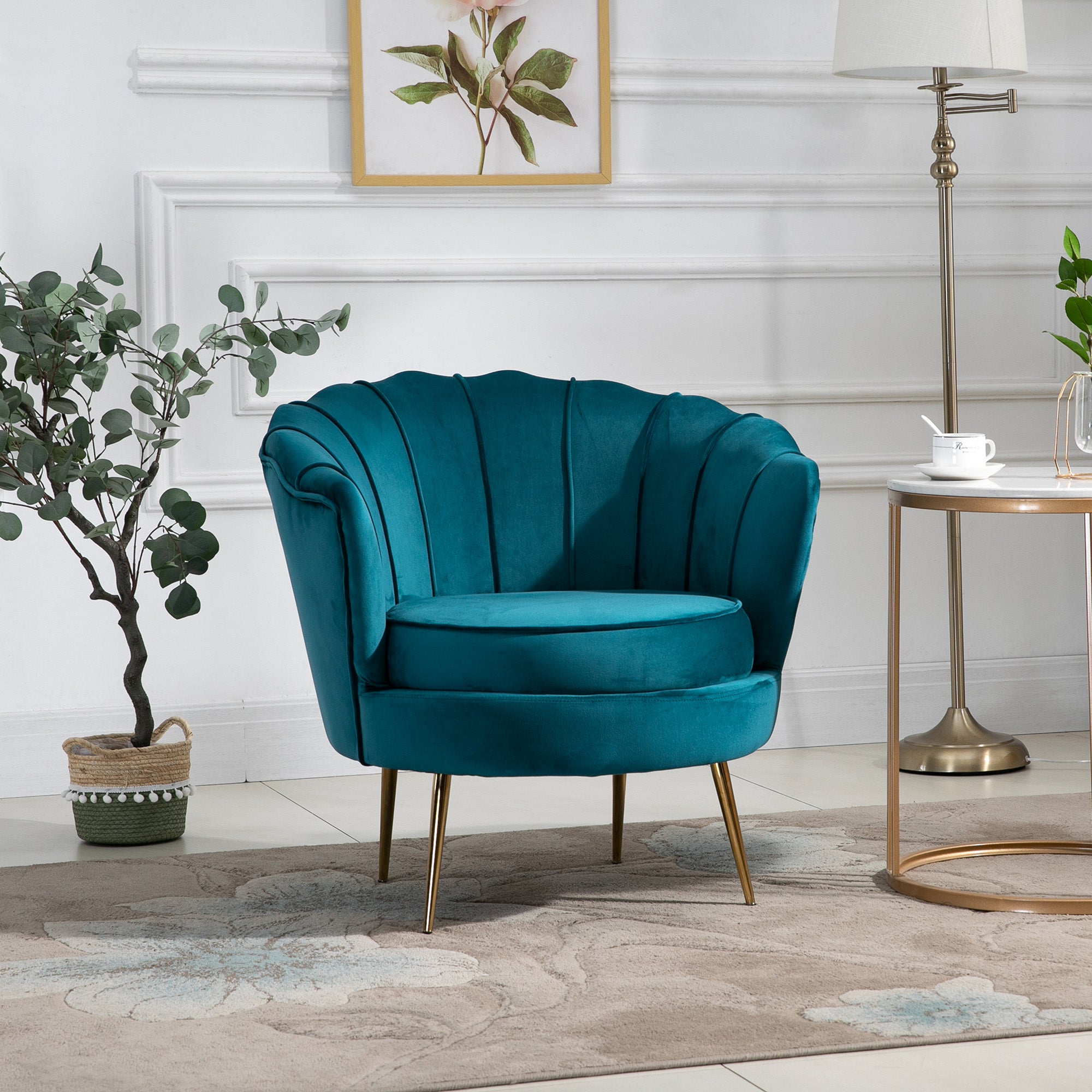Vintage Design Armchair in Velvet, Retro Armchair for Bedroom, Living Room, or Office, Petrol Green 79x77x77cm