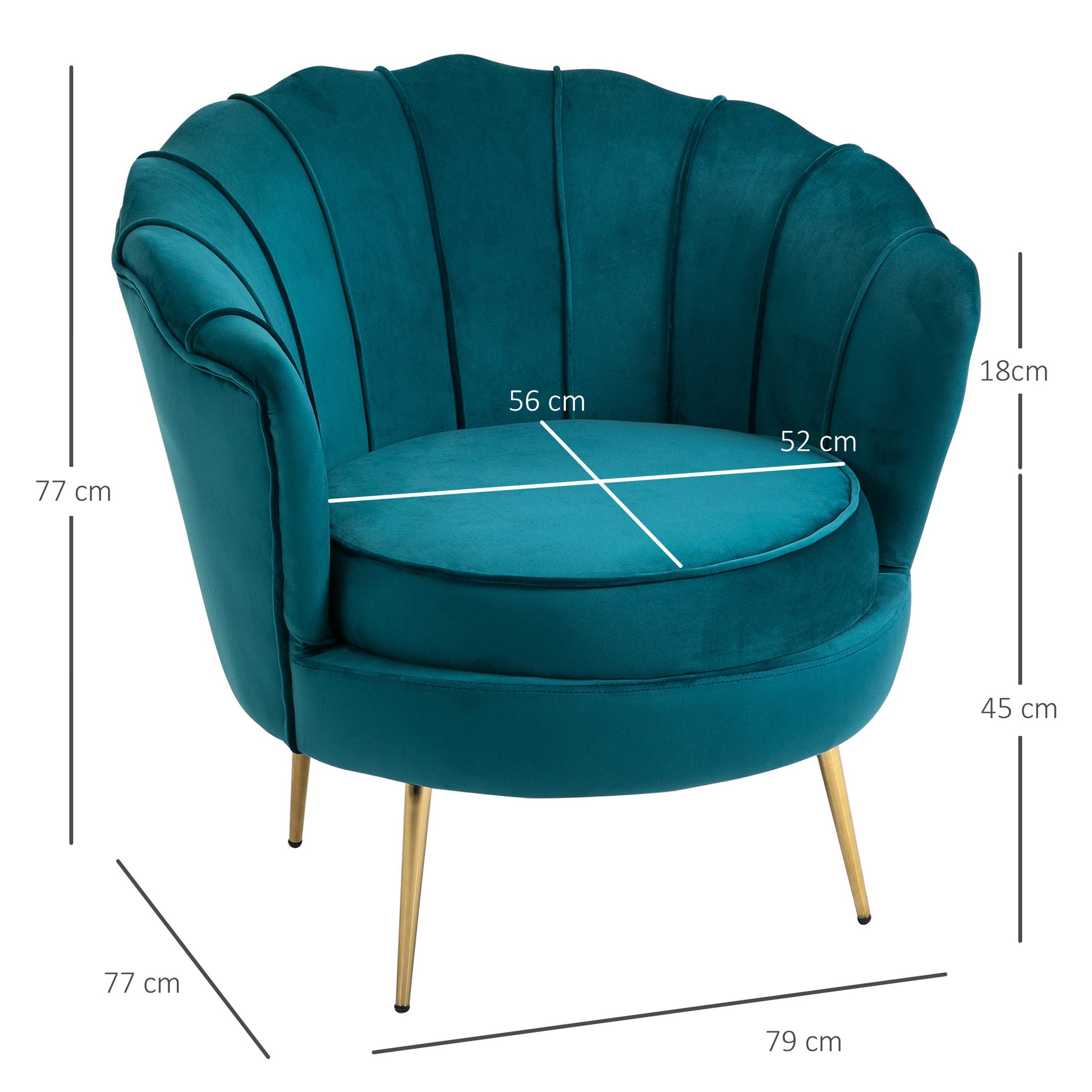 Vintage Design Armchair in Velvet, Retro Armchair for Bedroom, Living Room, or Office, Petrol Green 79x77x77cm
