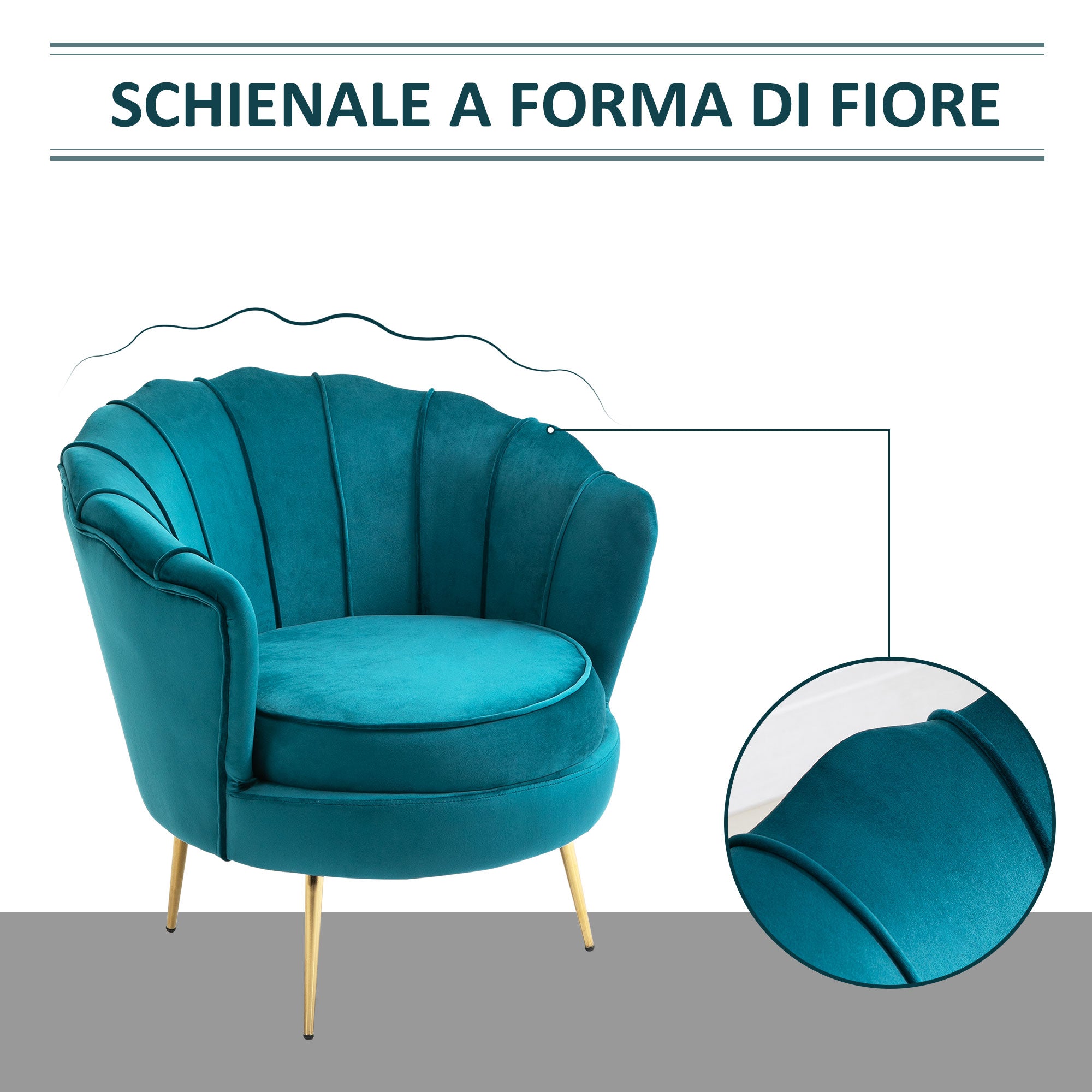 Vintage Design Armchair in Velvet, Retro Armchair for Bedroom, Living Room, or Office, Petrol Green 79x77x77cm