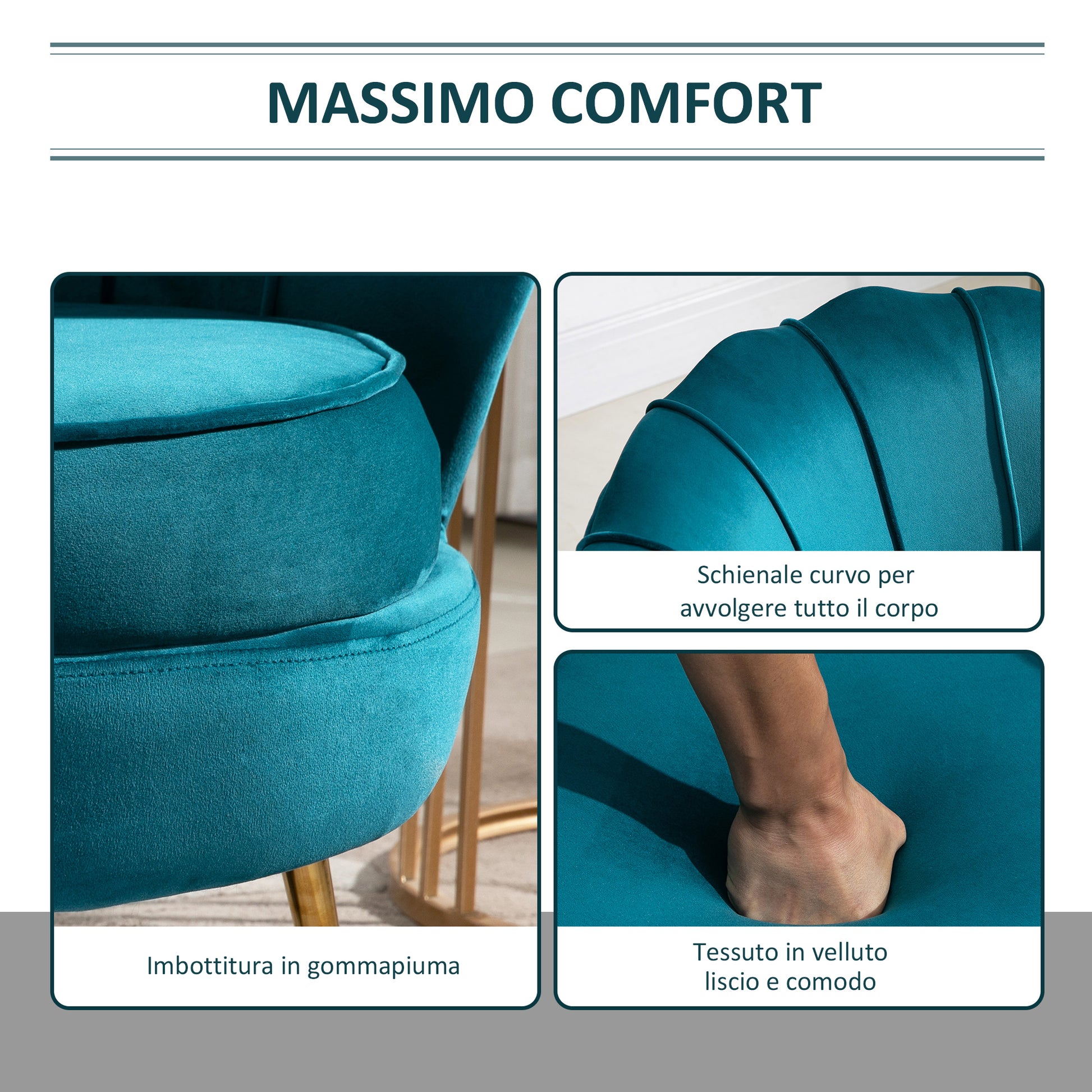 Vintage Design Armchair in Velvet, Retro Armchair for Bedroom, Living Room, or Office, Petrol Green 79x77x77cm