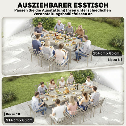 Extendable Garden Table, 60.6–84.3 in x 33.5 in Aluminum Dining Table for 8–10 People, Rectangular Balcony/Patio Table with Wood-Effect Top, Weatherproof — Light Gray